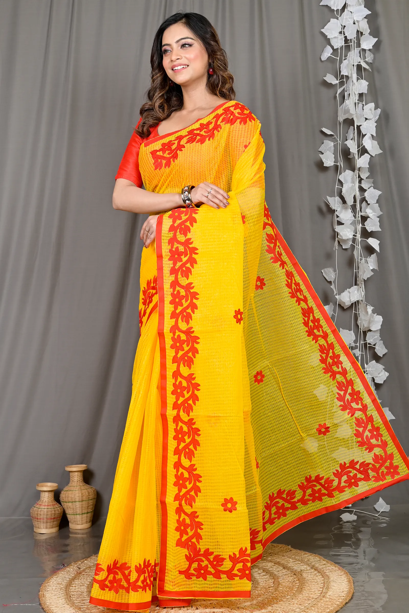 DipDiya Kota Cotton Yellow Red Parvani Timeless Bengal Kota Applique Sarees