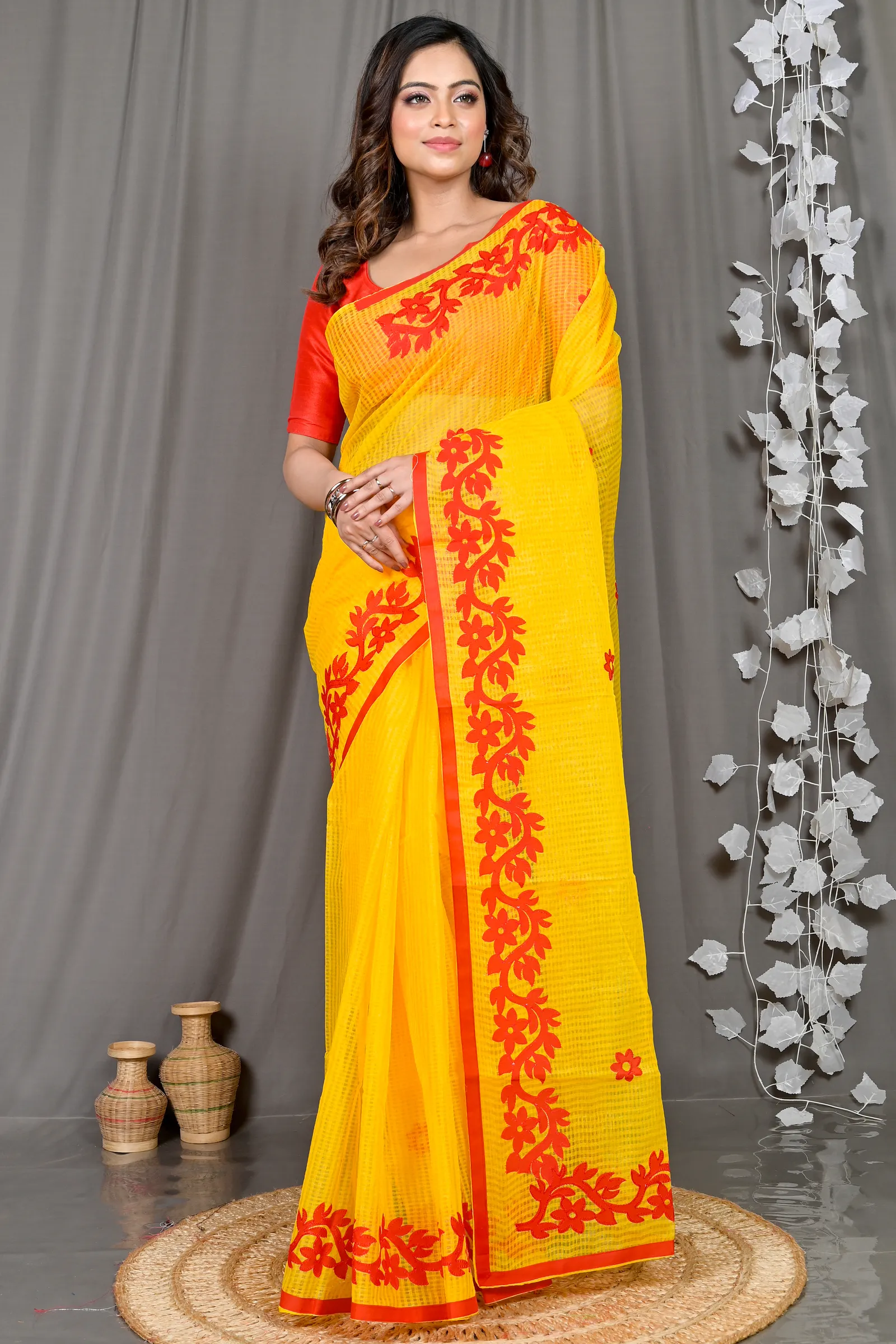 DipDiya Kota Cotton Yellow Red Parvani Timeless Bengal Kota Applique Sarees