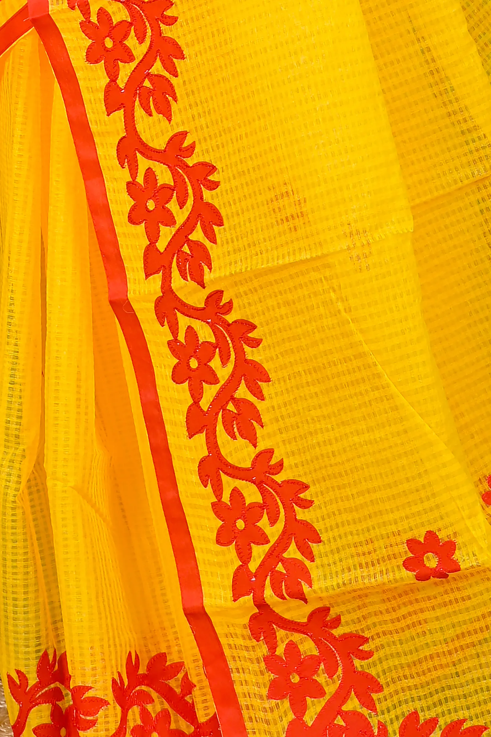 DipDiya Kota Cotton Yellow Red Parvani Timeless Bengal Kota Applique Sarees