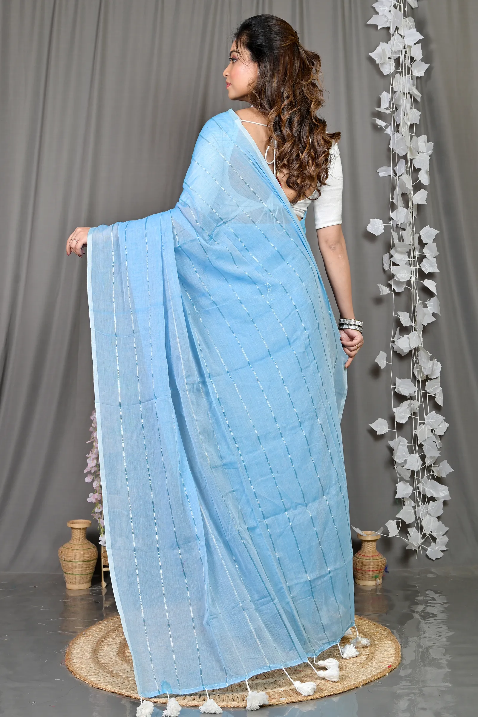 DipDiya Mal Cotton Sky Blue Pari Grace of Bengal Handloom Sarees