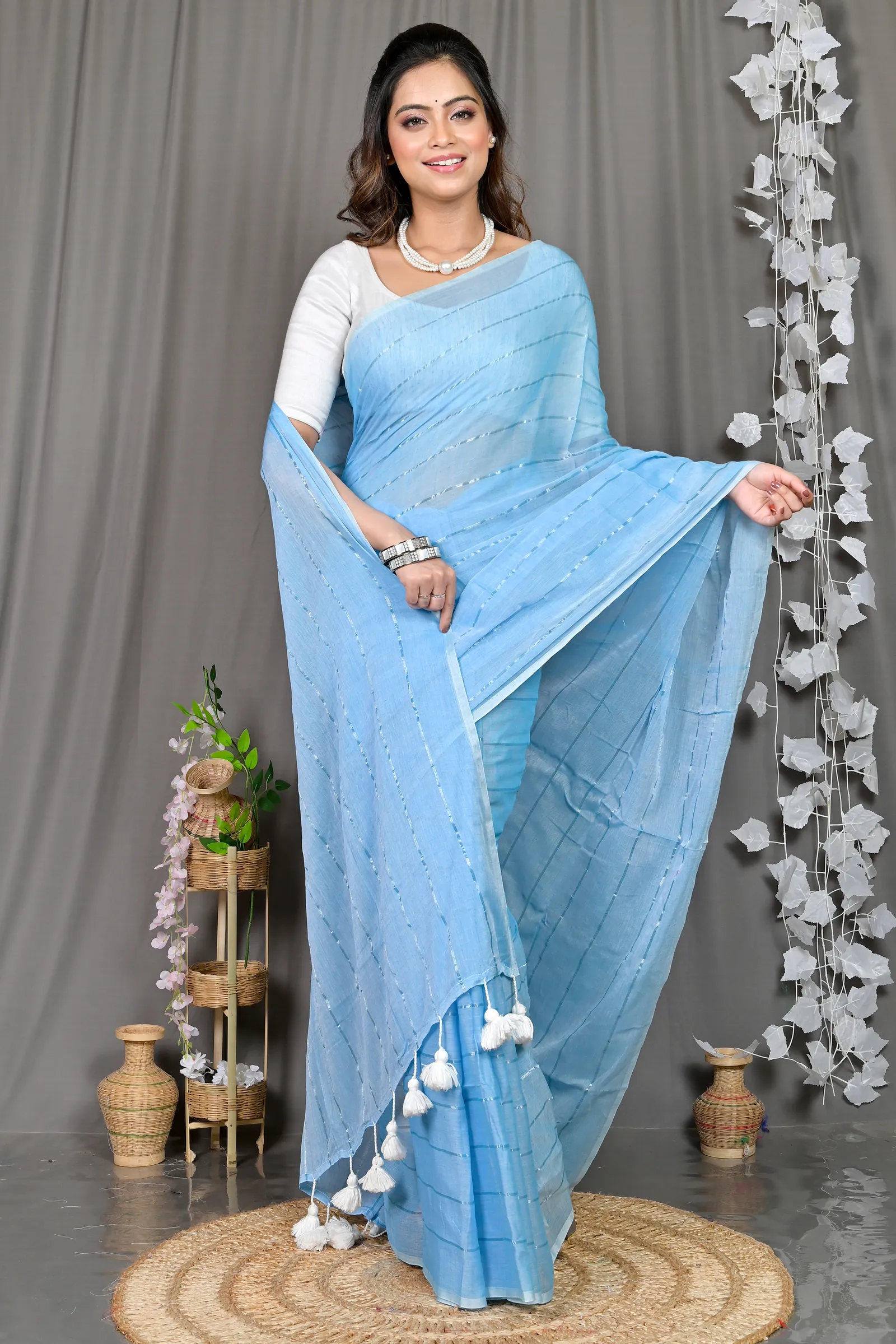 DipDiya Mal Cotton Sky Blue Pari Grace of Bengal Handloom Sarees