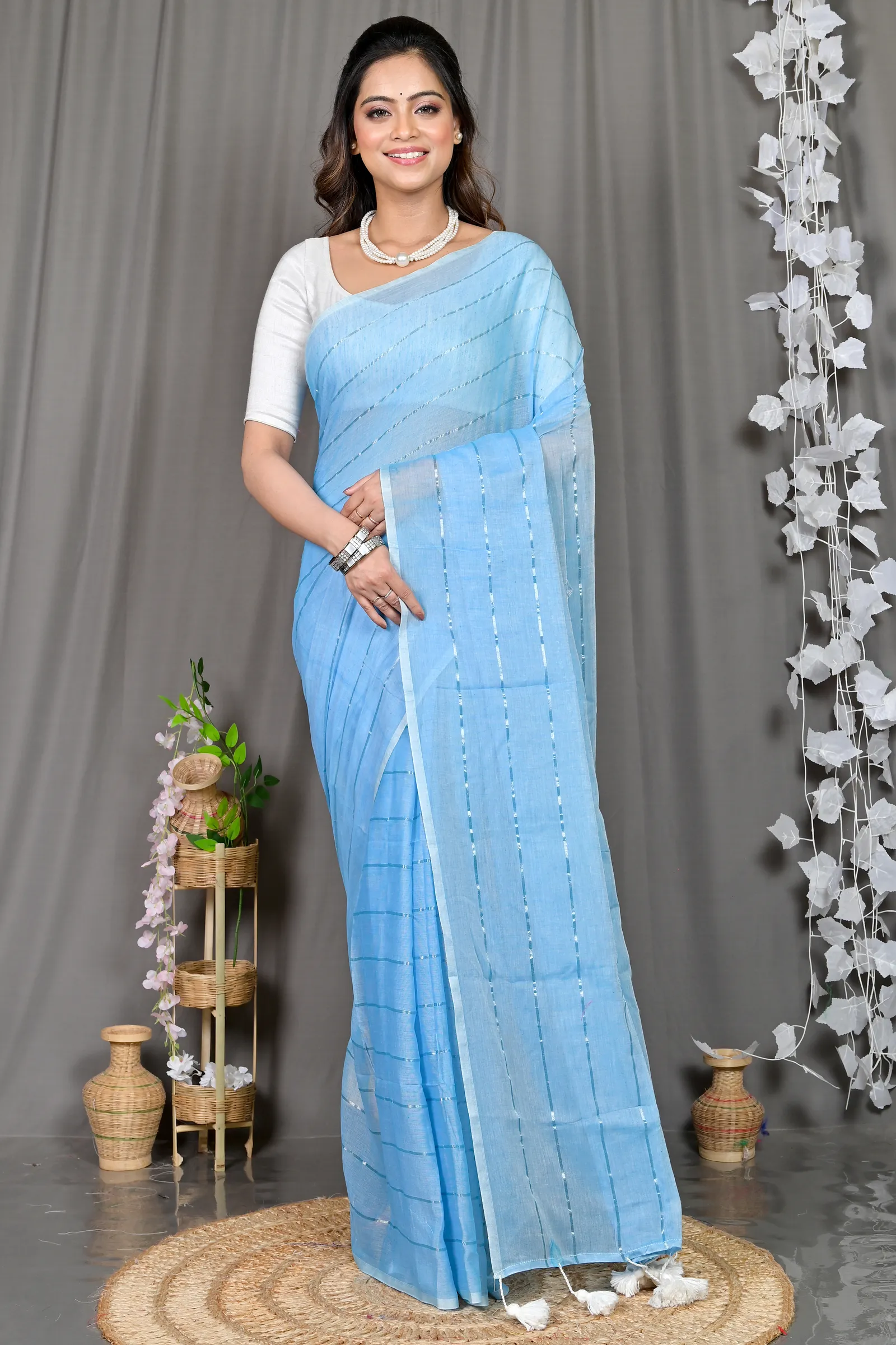 DipDiya Mal Cotton Sky Blue Pari Grace of Bengal Handloom Sarees