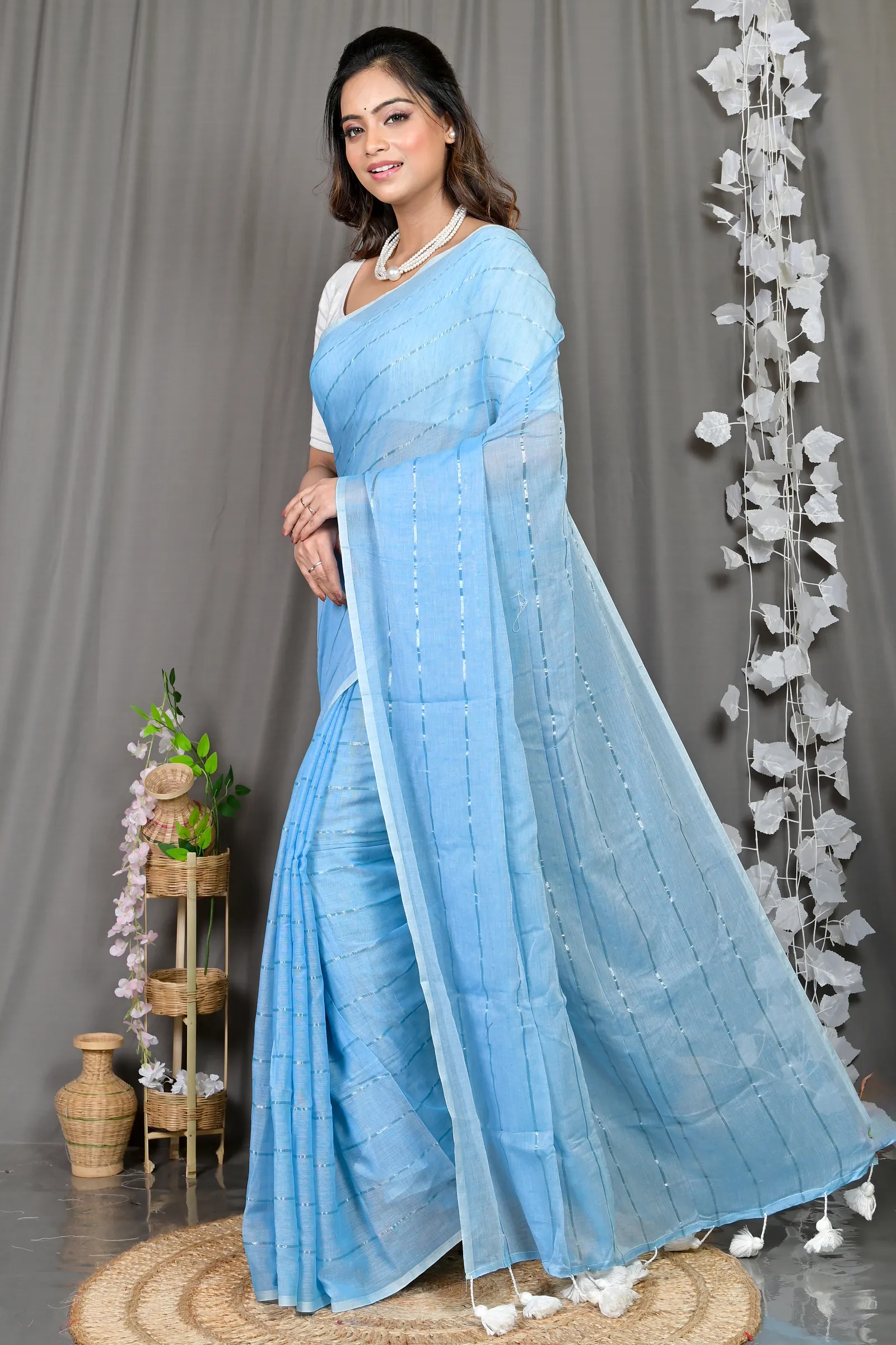 DipDiya Mal Cotton Sky Blue Pari Grace of Bengal Handloom Sarees