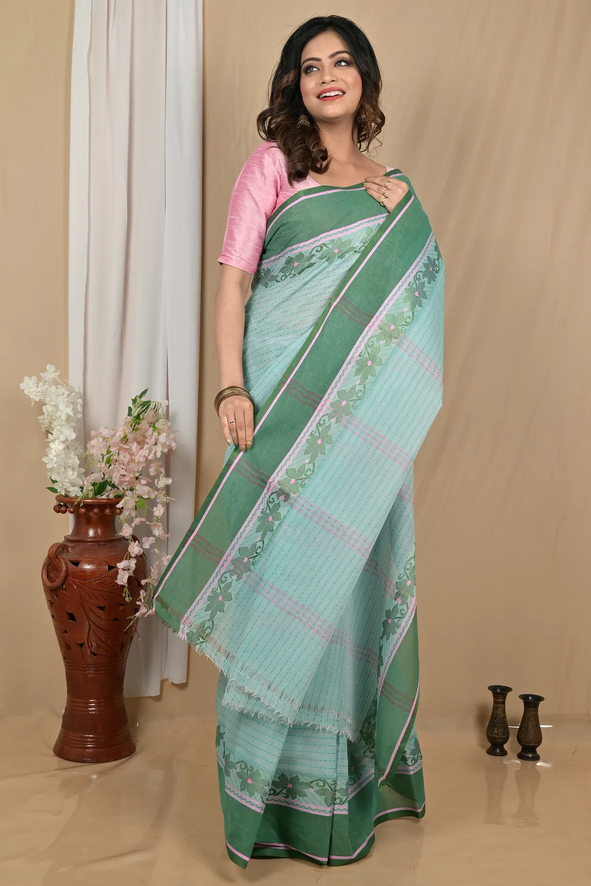 DipDiya Pure Cotton Aqua Green Achpan Pure Bengali Grace Tant Sarees