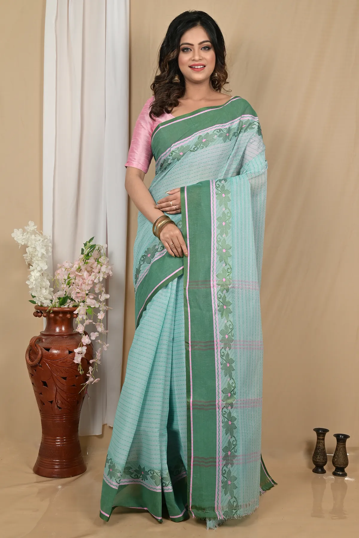 DipDiya Pure Cotton Aqua Green Achpan Pure Bengali Grace Tant Sarees