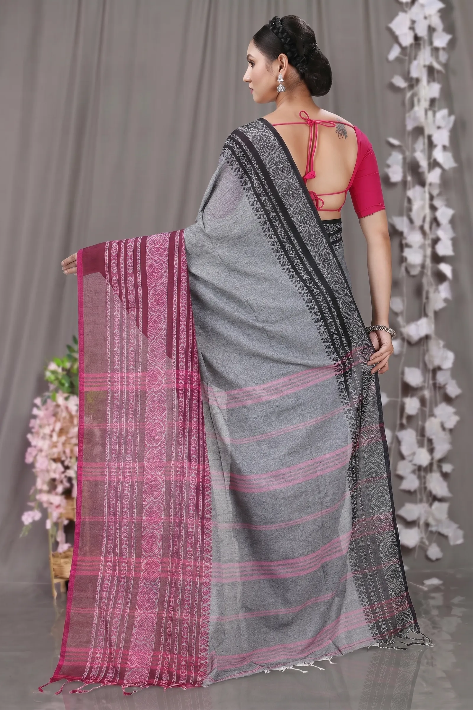 DipDiya Pure Cotton  Artisan Crafted Black Rani Traditional Bengali Begompuri Hand Handloom Saree
