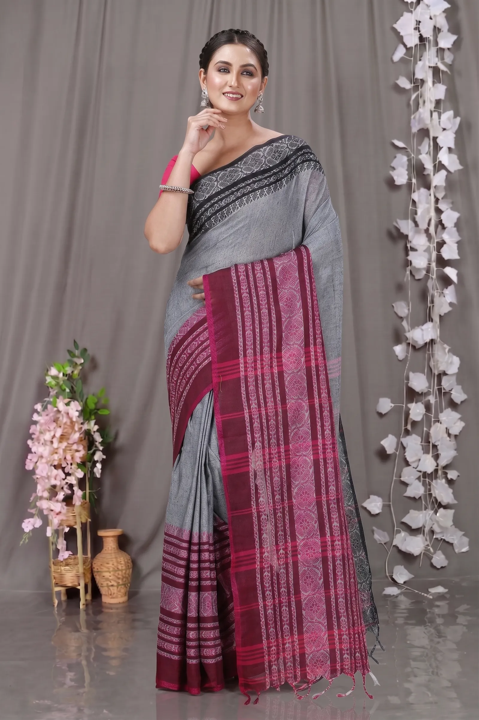 DipDiya Pure Cotton  Artisan Crafted Black Rani Traditional Bengali Begompuri Hand Handloom Saree
