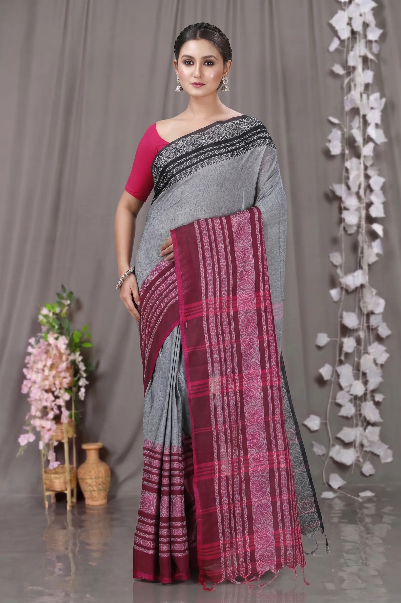 DipDiya Pure Cotton  Artisan Crafted Black Rani Traditional Bengali Begompuri Hand Handloom Saree