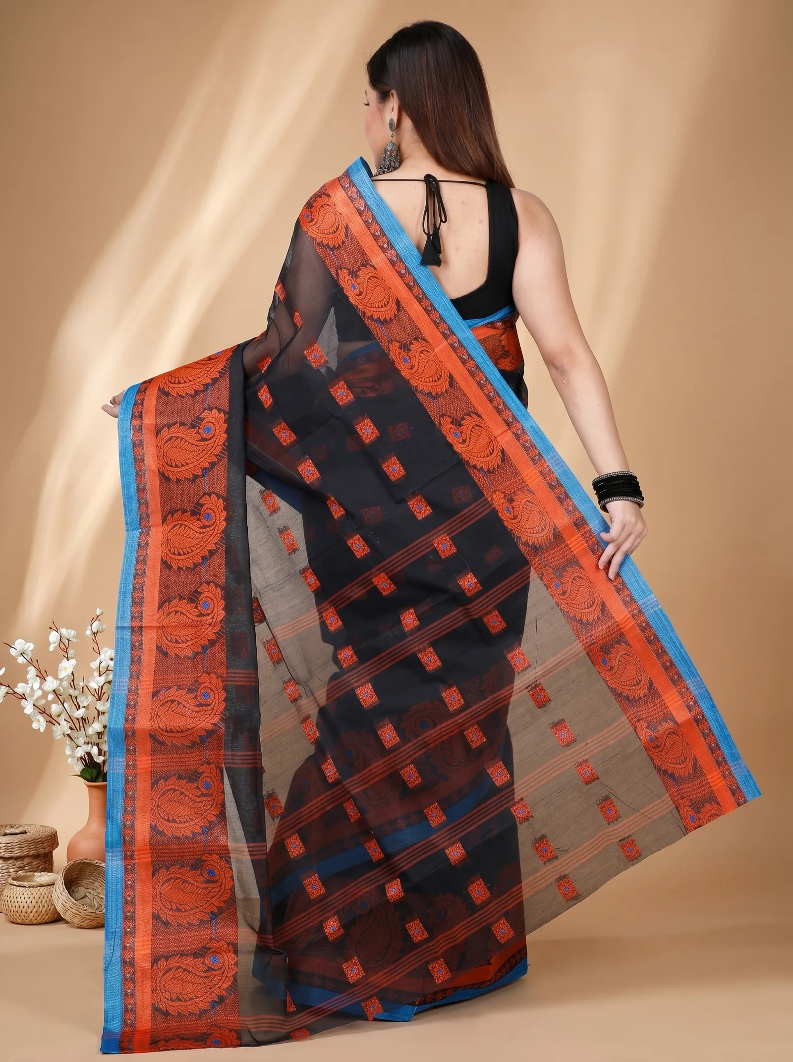 DipDiya Pure Cotton  Artisan Crafted Black Traditional Bengali Aloka Tant Saree