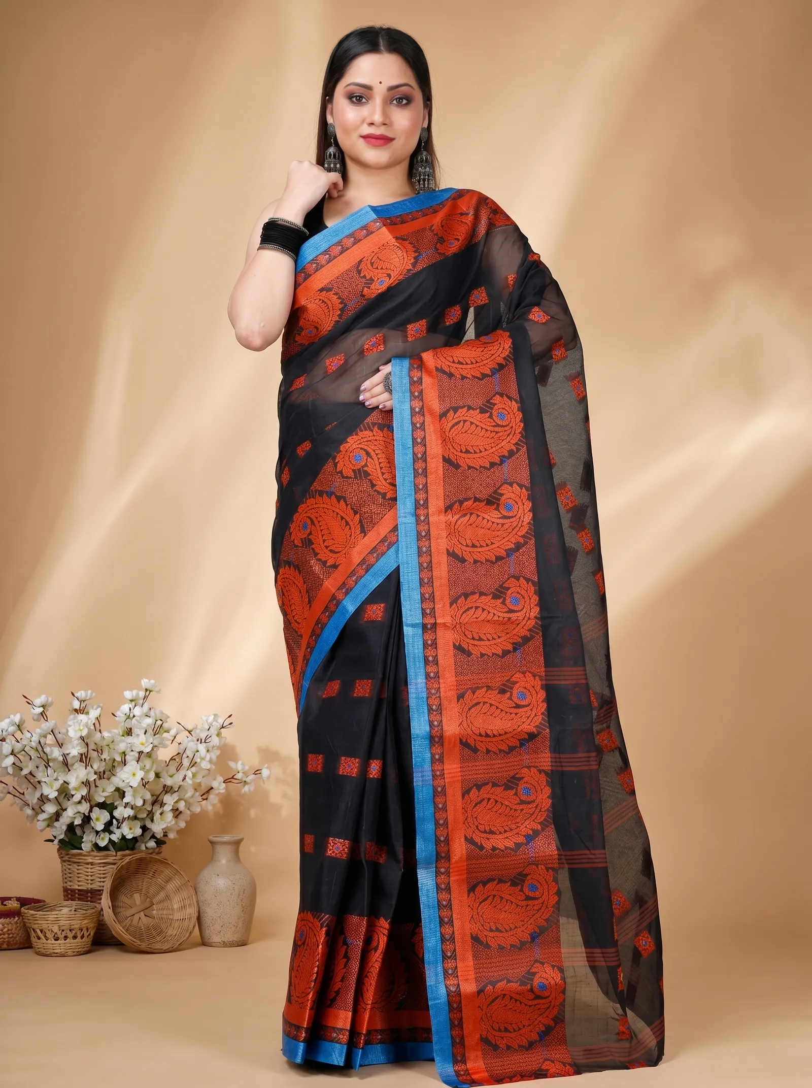 DipDiya Pure Cotton  Artisan Crafted Black Traditional Bengali Aloka Tant Saree