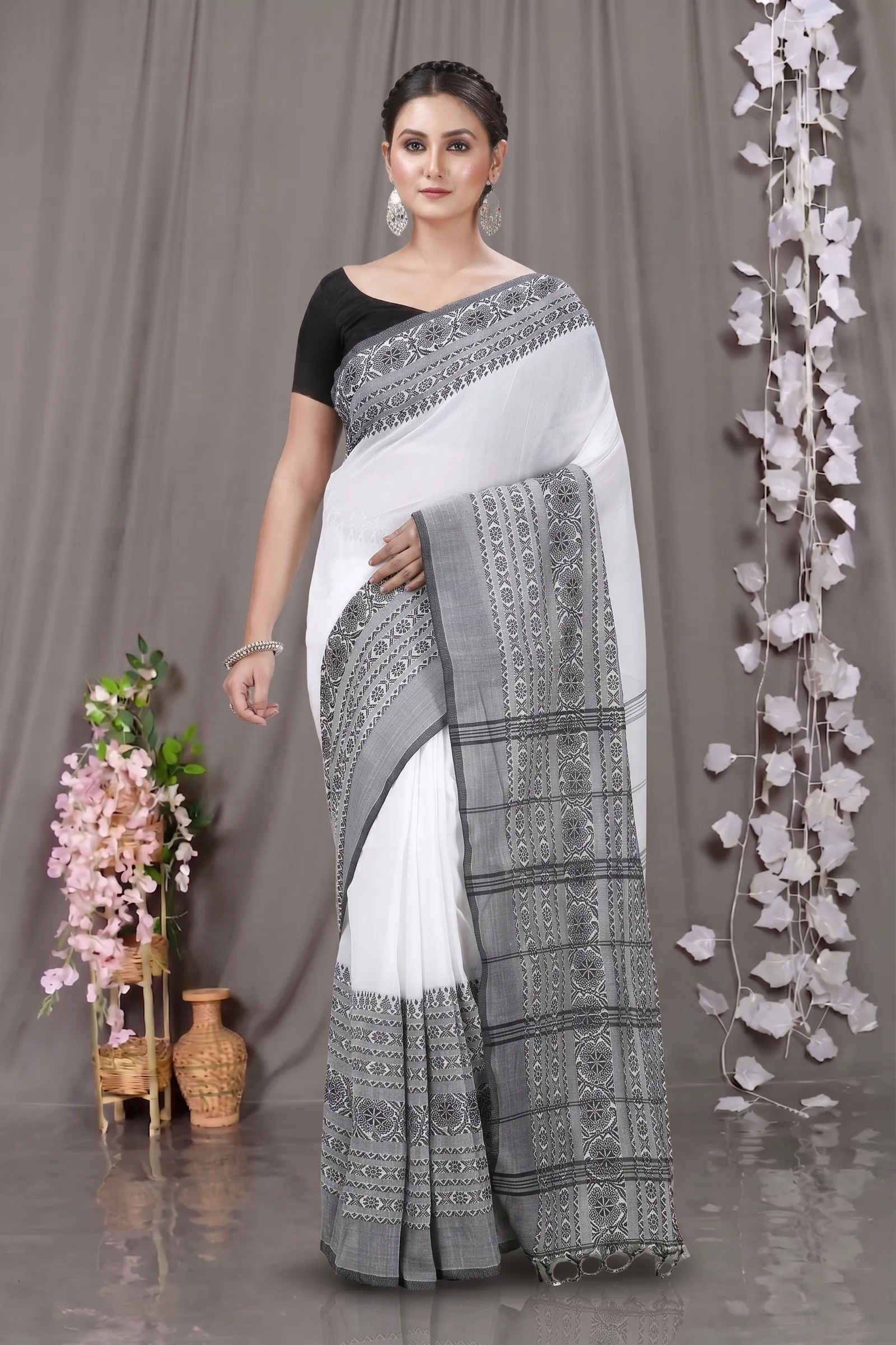 DipDiya Pure Cotton  Artisan Crafted Black White Traditional Bengali Begompuri Hand Handloom Saree