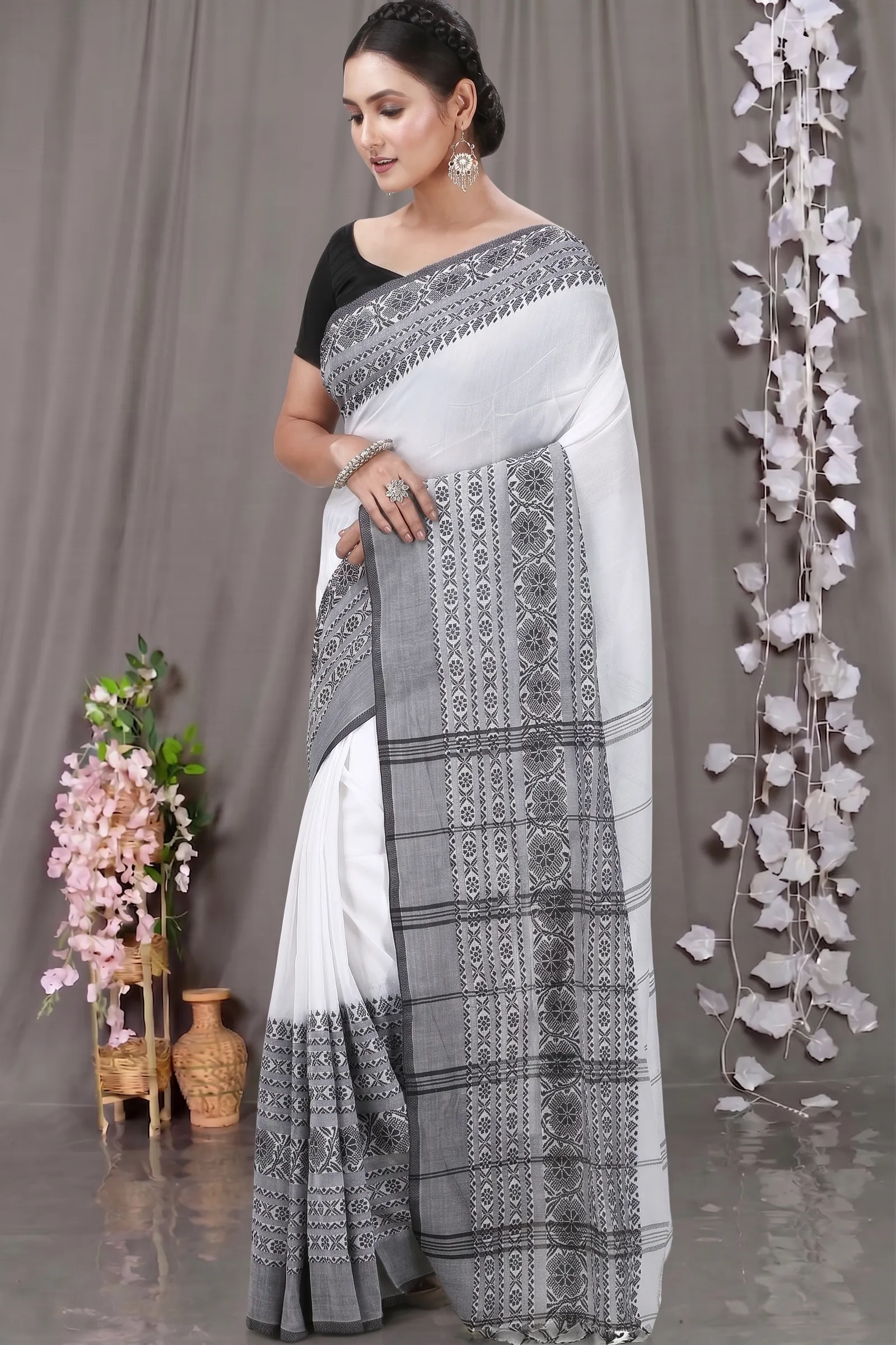 DipDiya Pure Cotton  Artisan Crafted Black White Traditional Bengali Begompuri Hand Handloom Saree