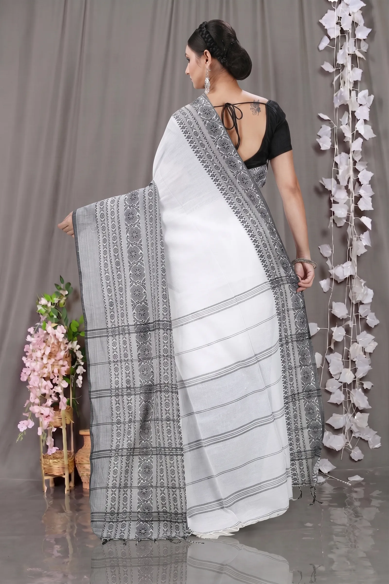 DipDiya Pure Cotton  Artisan Crafted Black White Traditional Bengali Begompuri Hand Handloom Saree