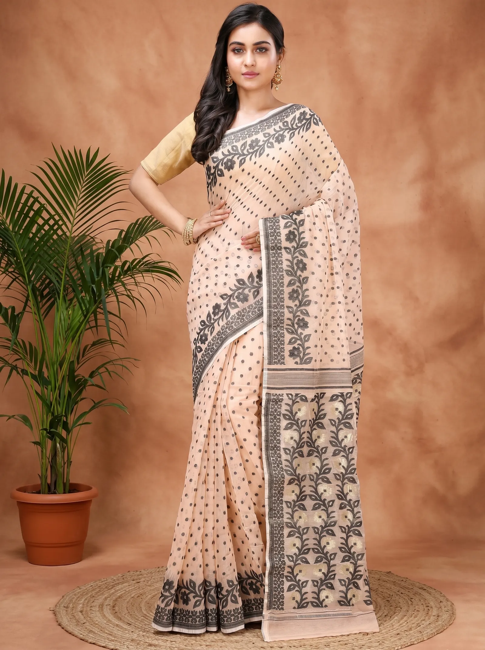 DipDiya Pure Cotton  Artisan Crafted Black White Traditional Bengali Boll Jamdani Jamdani Saree