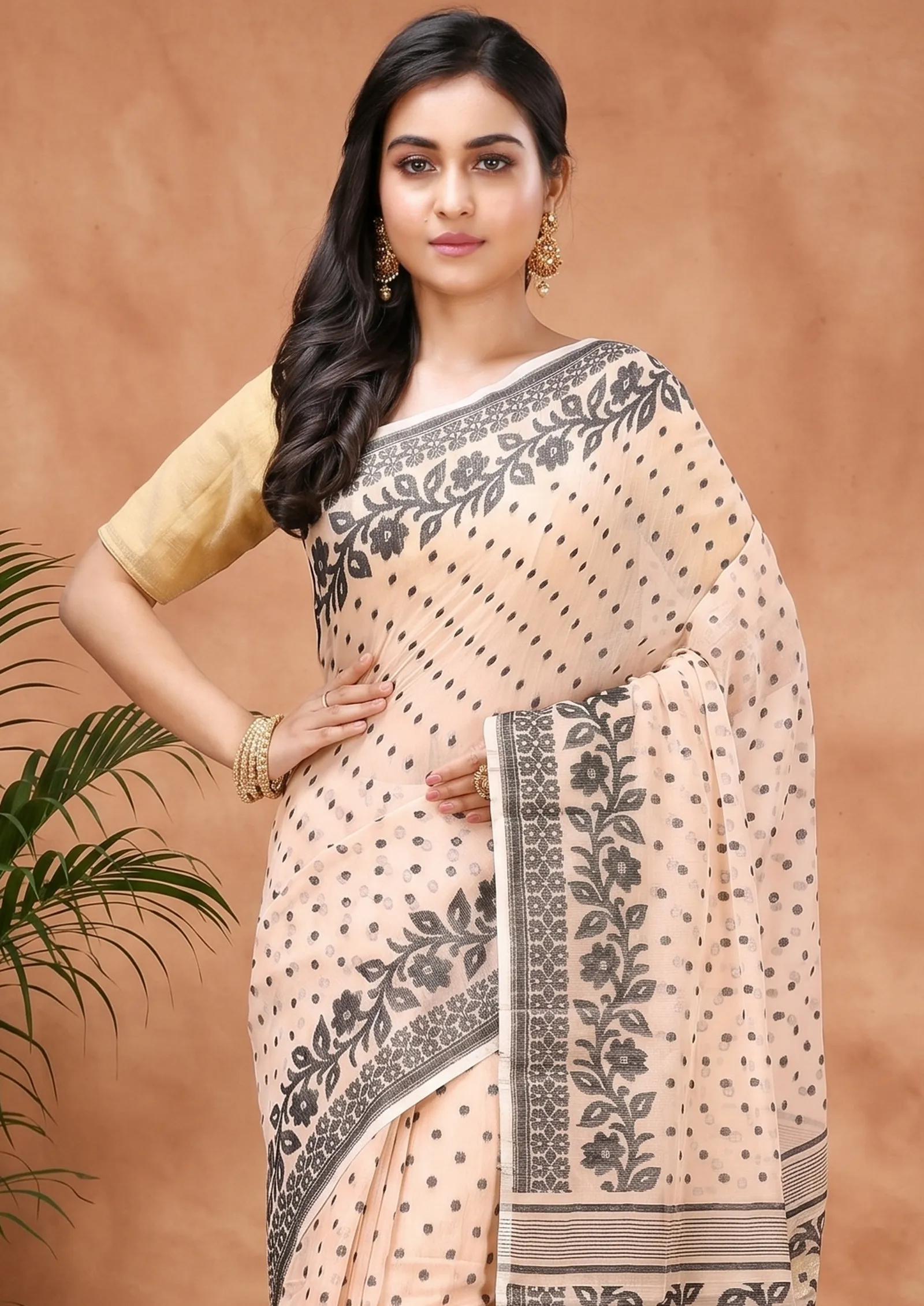 DipDiya Pure Cotton  Artisan Crafted Black White Traditional Bengali Boll Jamdani Jamdani Saree