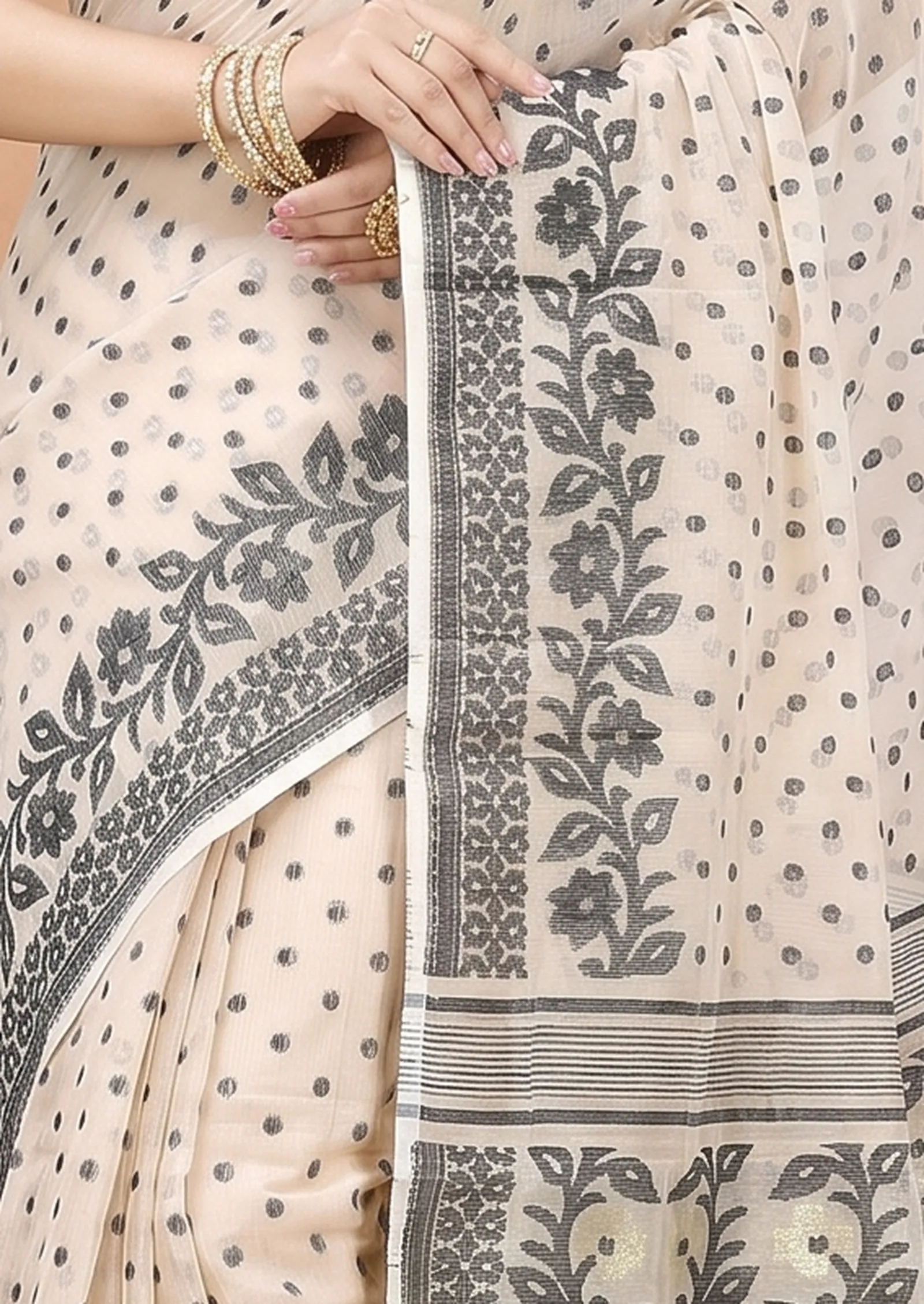 DipDiya Pure Cotton  Artisan Crafted Black White Traditional Bengali Boll Jamdani Jamdani Saree