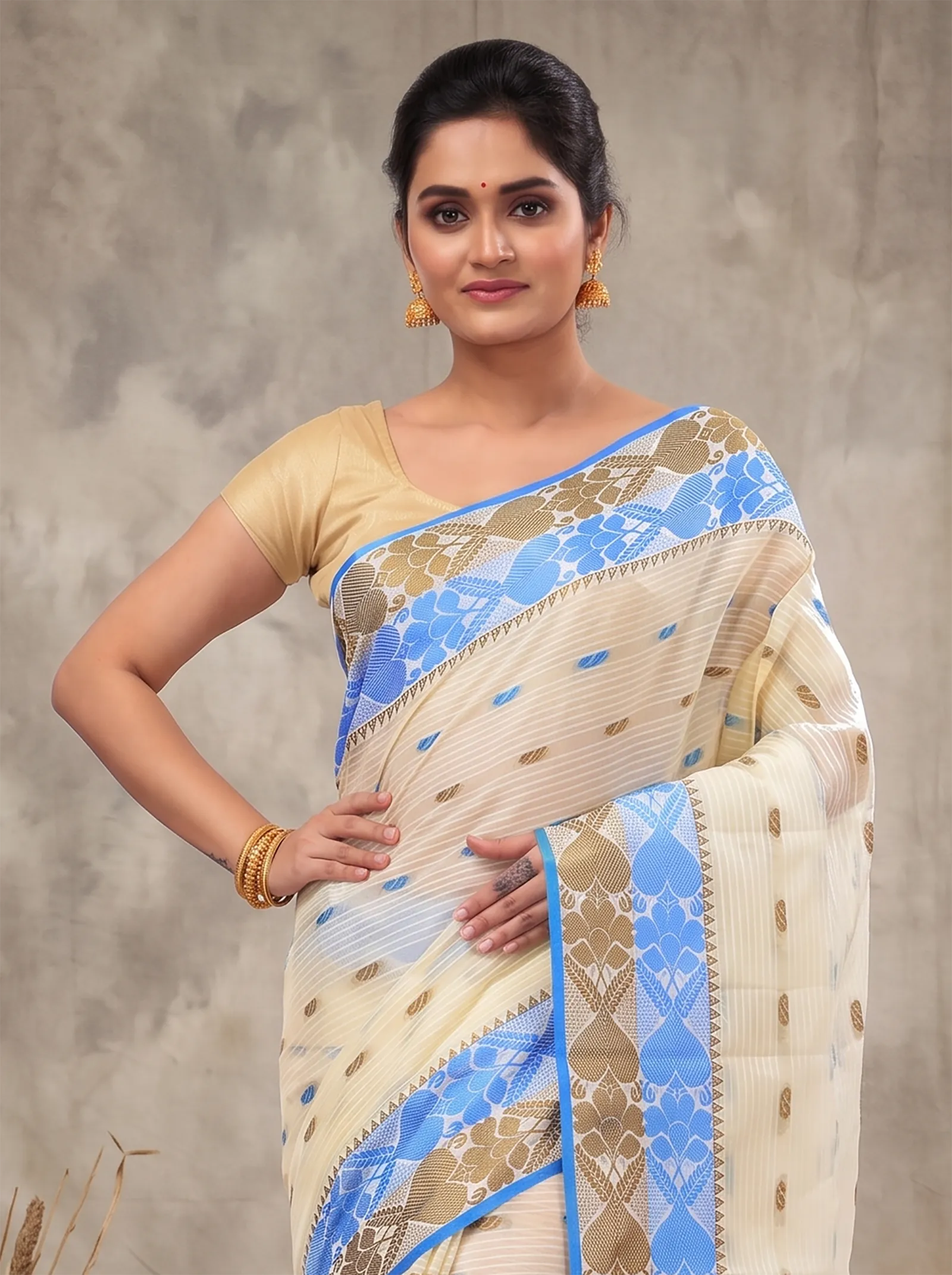 DipDiya Pure Cotton  Artisan Crafted Blue Brown Traditional Bengali Aged Women Tant Saree
