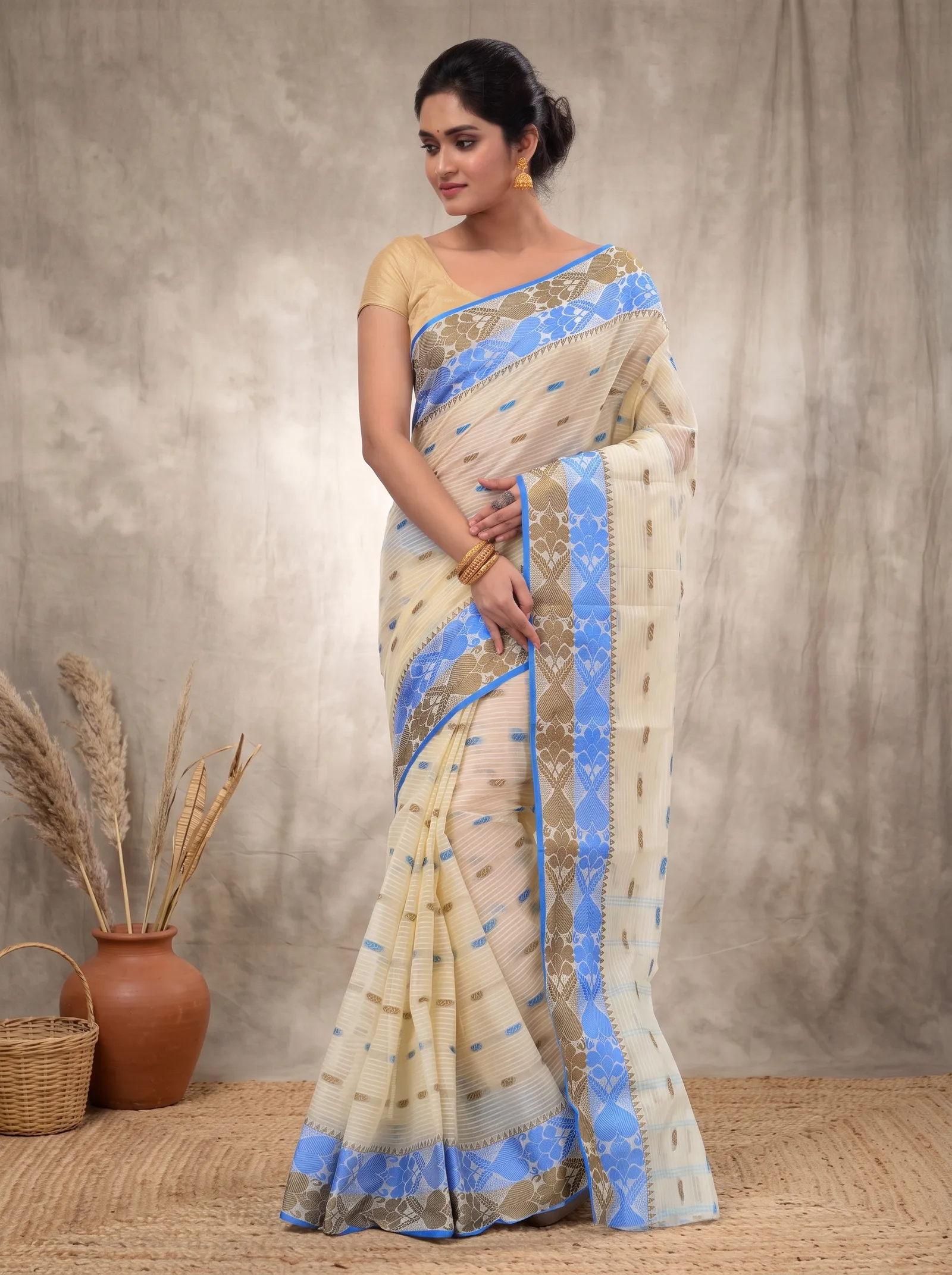 DipDiya Pure Cotton  Artisan Crafted Blue Brown Traditional Bengali Aged Women Tant Saree