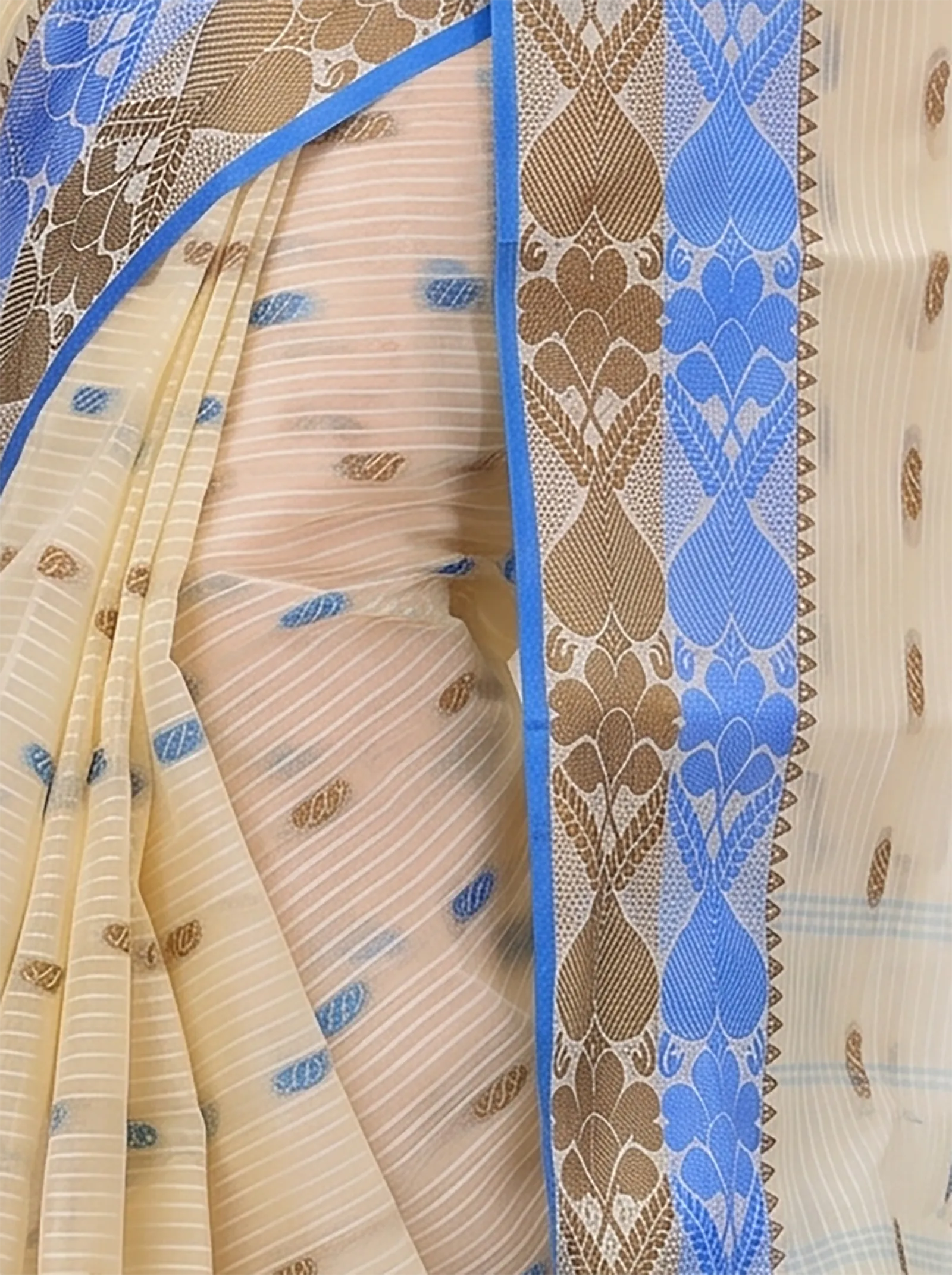DipDiya Pure Cotton  Artisan Crafted Blue Brown Traditional Bengali Aged Women Tant Saree