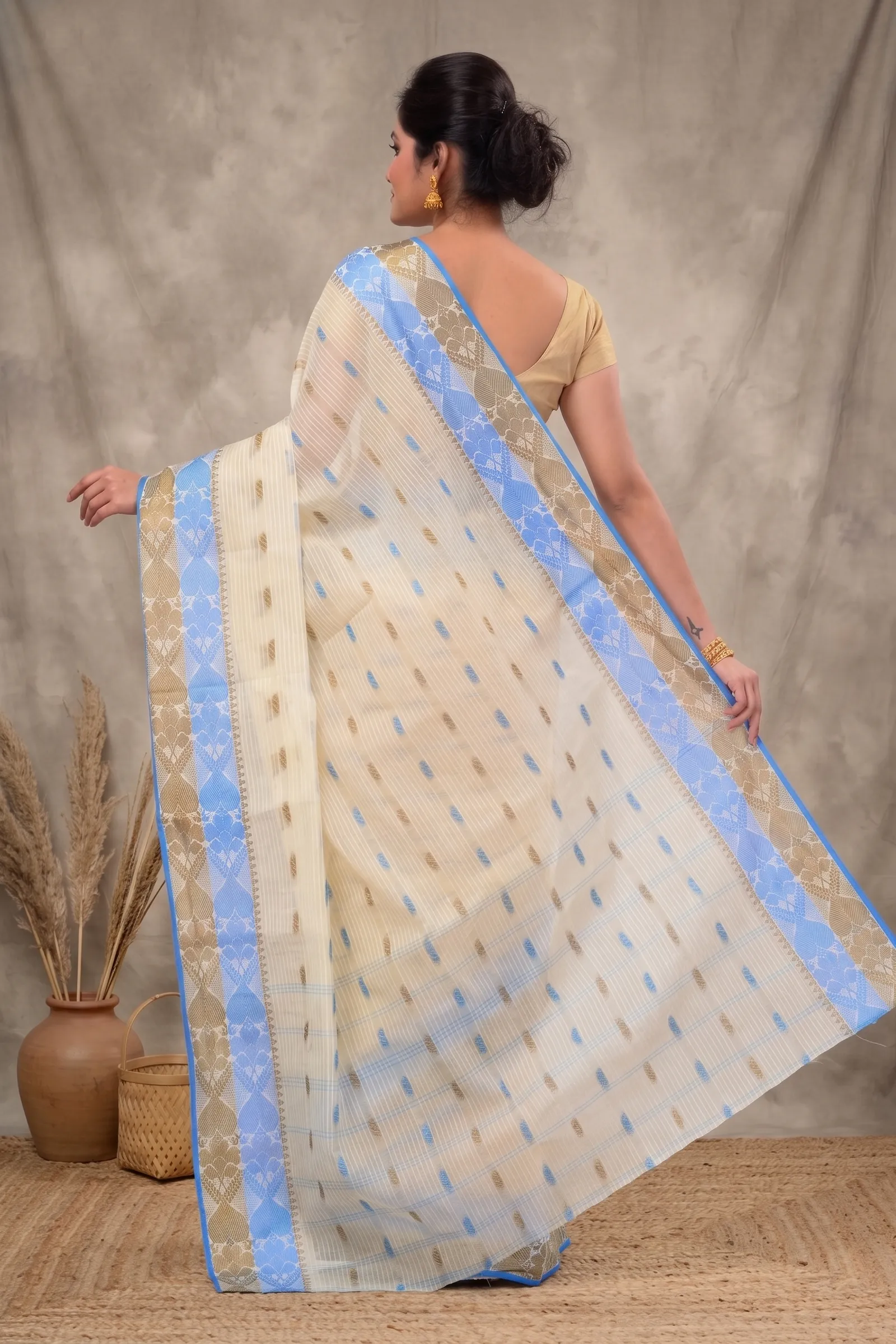 DipDiya Pure Cotton  Artisan Crafted Blue Brown Traditional Bengali Aged Women Tant Saree