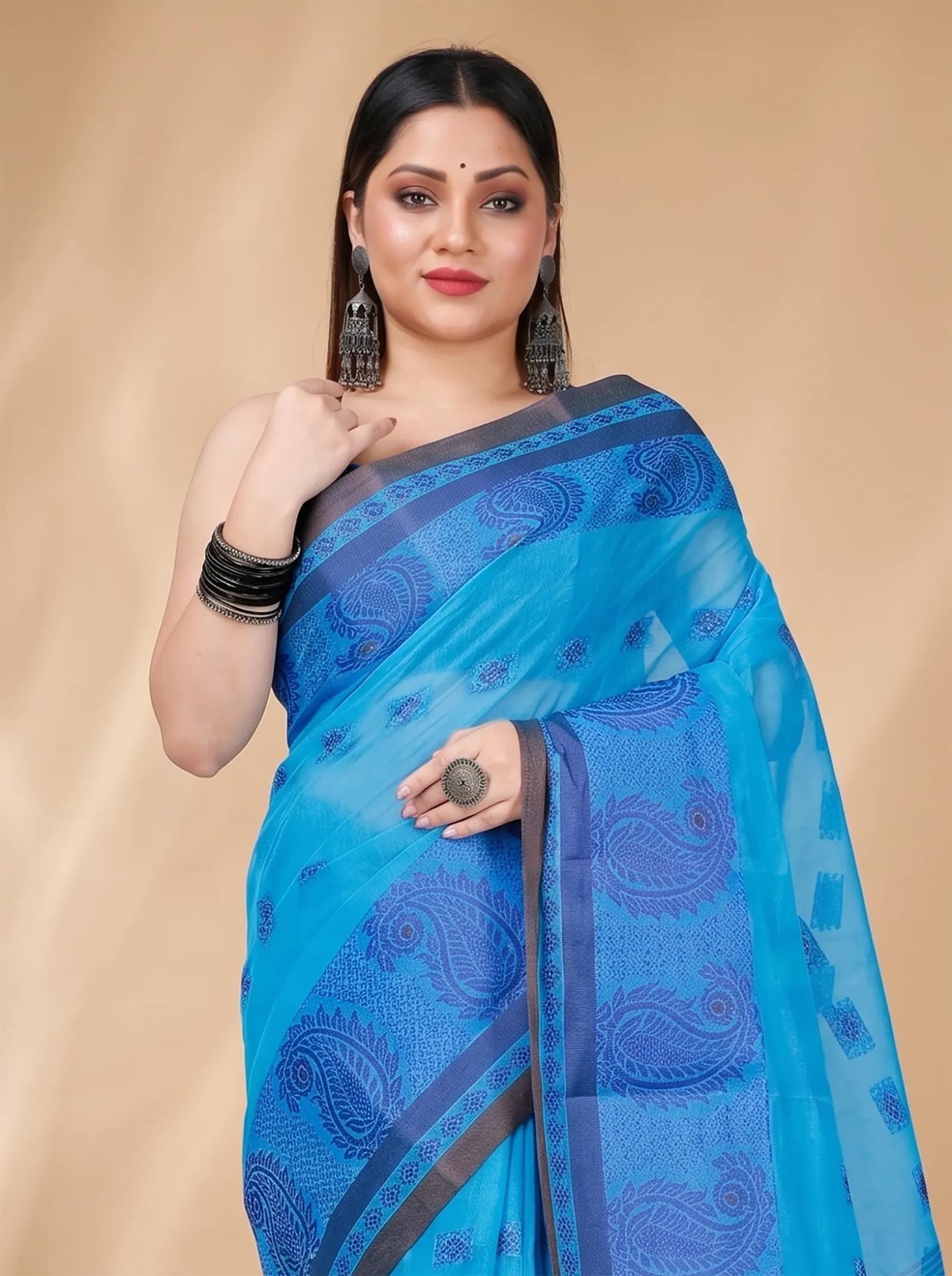 DipDiya Pure Cotton  Artisan Crafted Blue Traditional Bengali Aloka Tant Saree