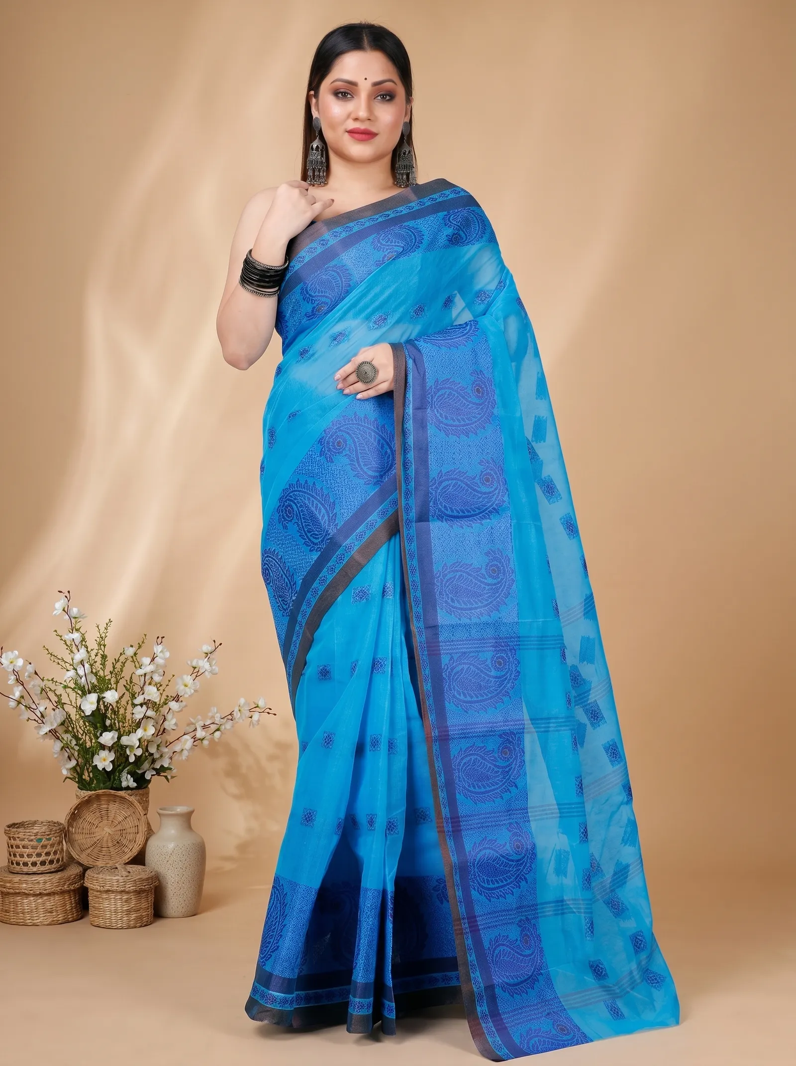 DipDiya Pure Cotton  Artisan Crafted Blue Traditional Bengali Aloka Tant Saree