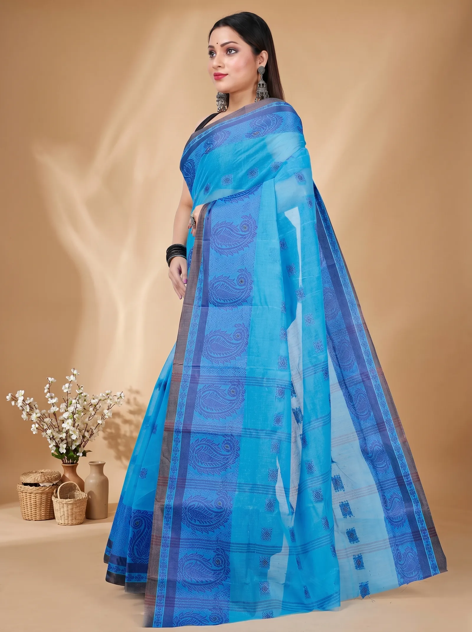 DipDiya Pure Cotton  Artisan Crafted Blue Traditional Bengali Aloka Tant Saree