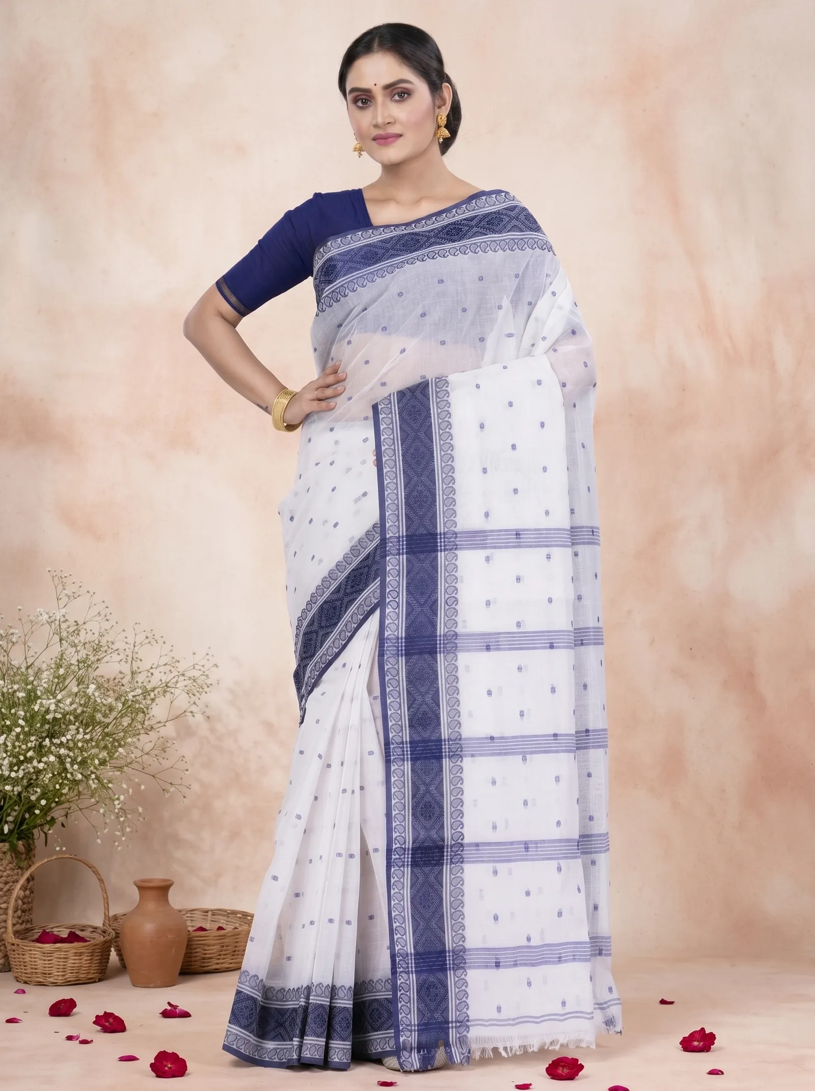 DipDiya Pure Cotton  Artisan Crafted Blue Traditional Bengali Boysko Tant Saree