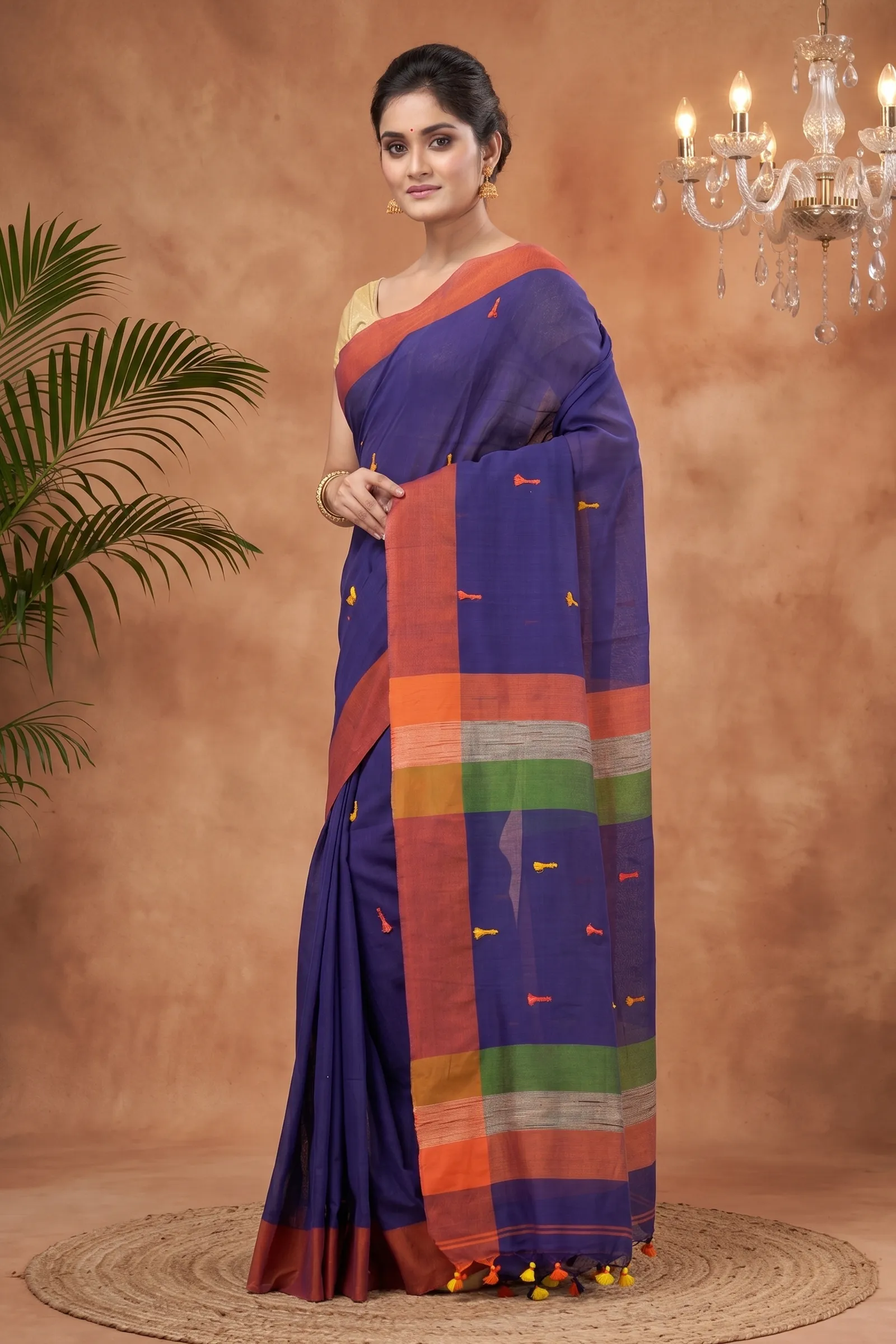 DipDiya Pure Cotton  Artisan Crafted Blue Traditional Bengali Clacial Desigined Handloom Saree