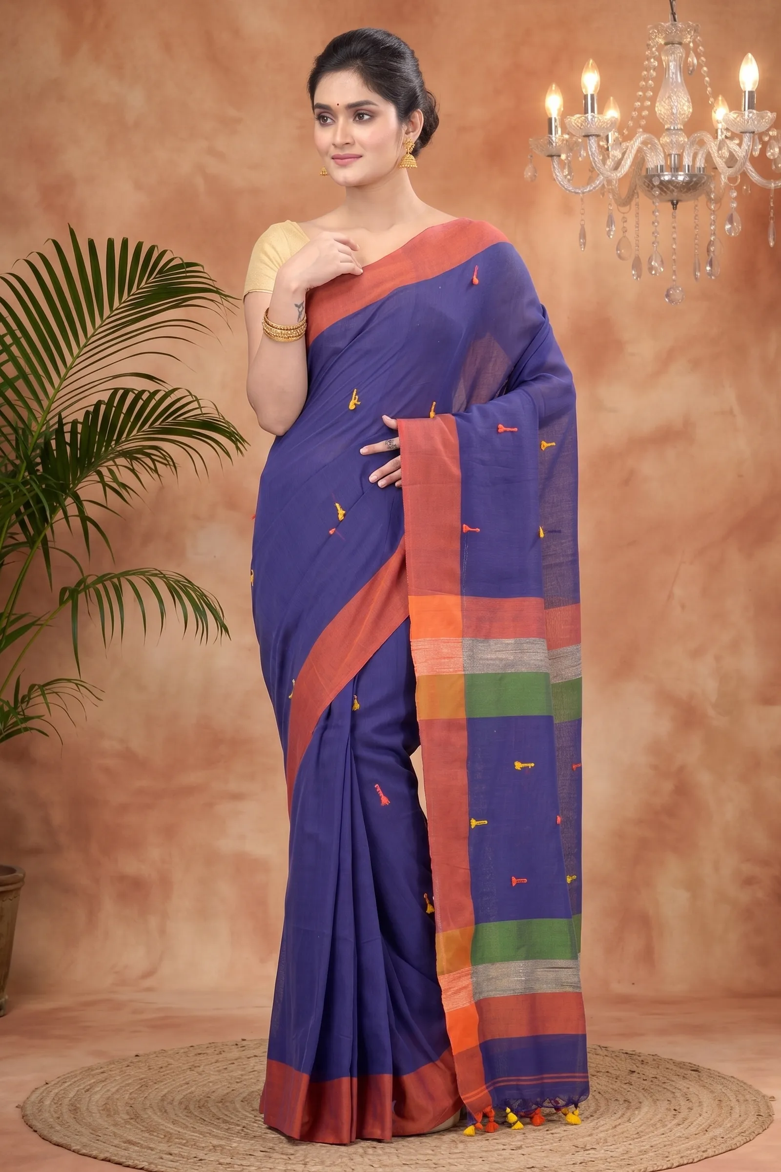 DipDiya Pure Cotton  Artisan Crafted Blue Traditional Bengali Clacial Desigined Handloom Saree