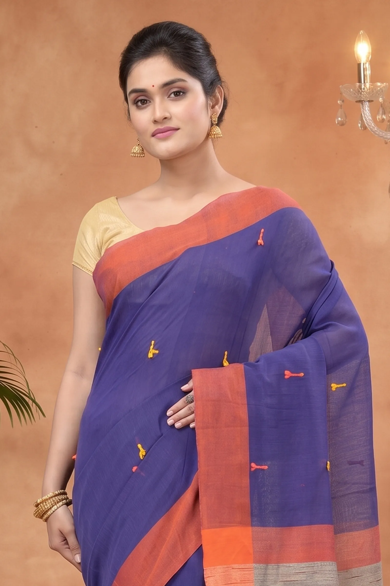 DipDiya Pure Cotton  Artisan Crafted Blue Traditional Bengali Clacial Desigined Handloom Saree