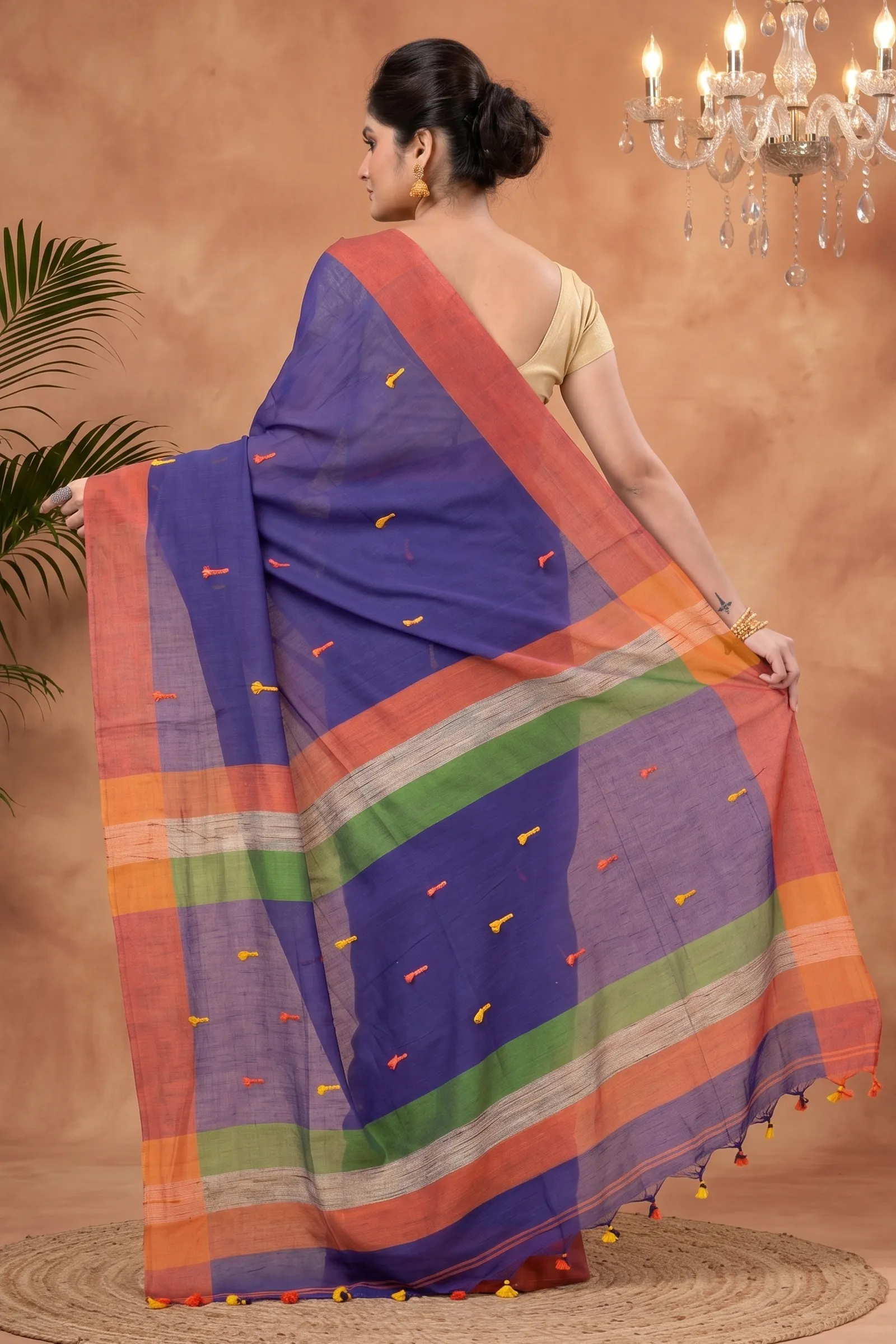 DipDiya Pure Cotton  Artisan Crafted Blue Traditional Bengali Clacial Desigined Handloom Saree