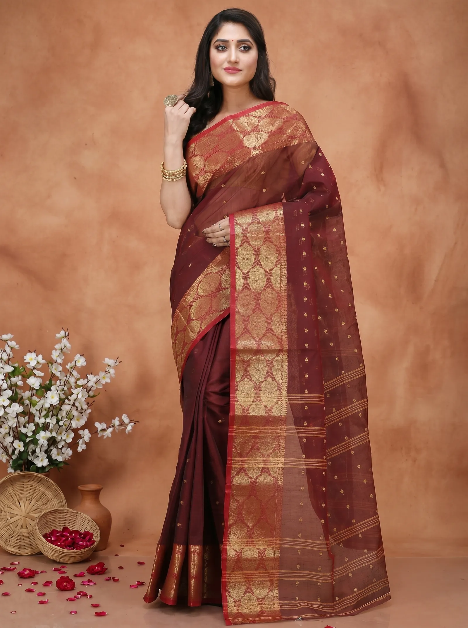 DipDiya Pure Cotton  Artisan Crafted Brown Traditional Bengali Asmani Tant Saree