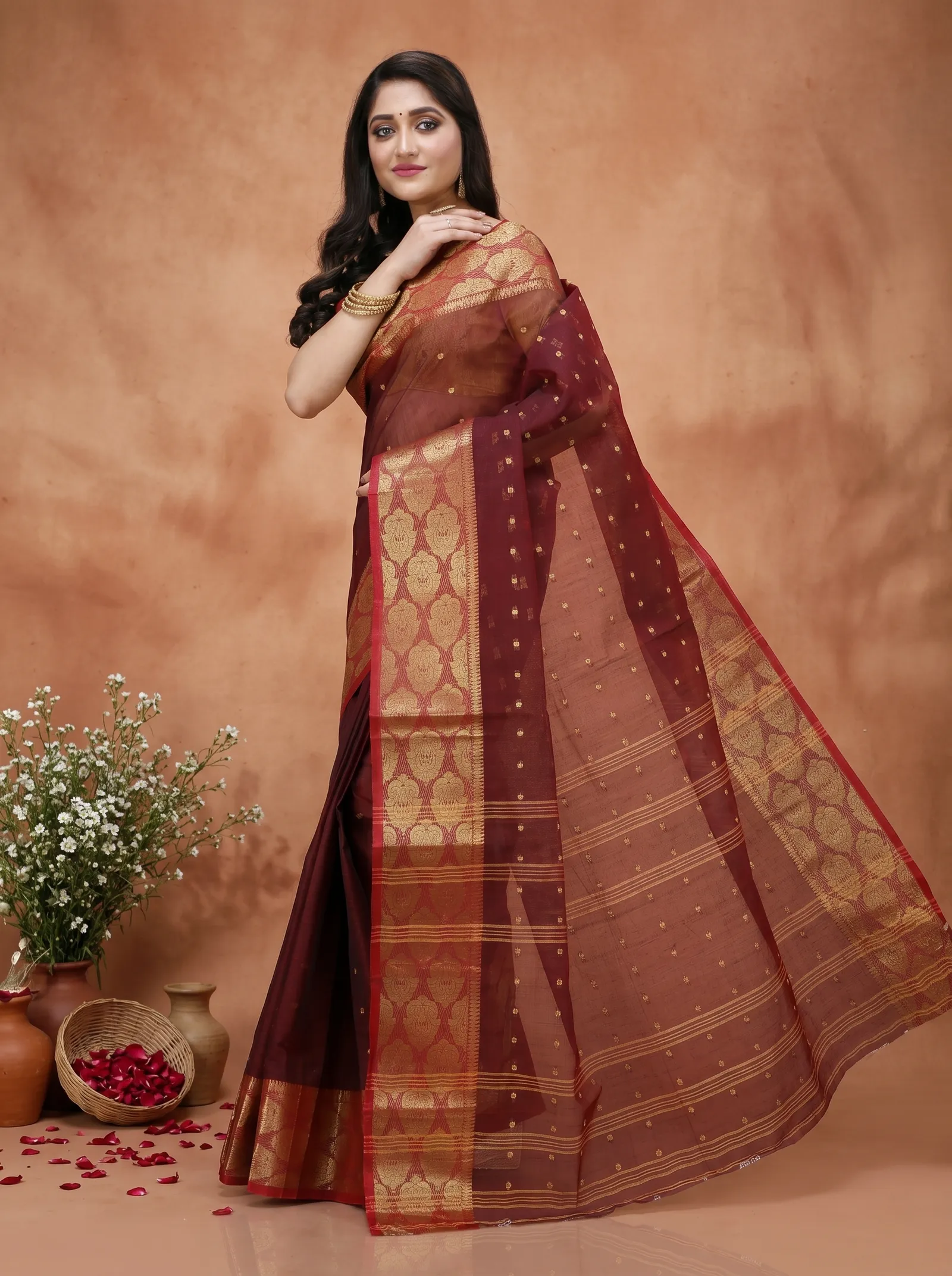 DipDiya Pure Cotton  Artisan Crafted Brown Traditional Bengali Asmani Tant Saree