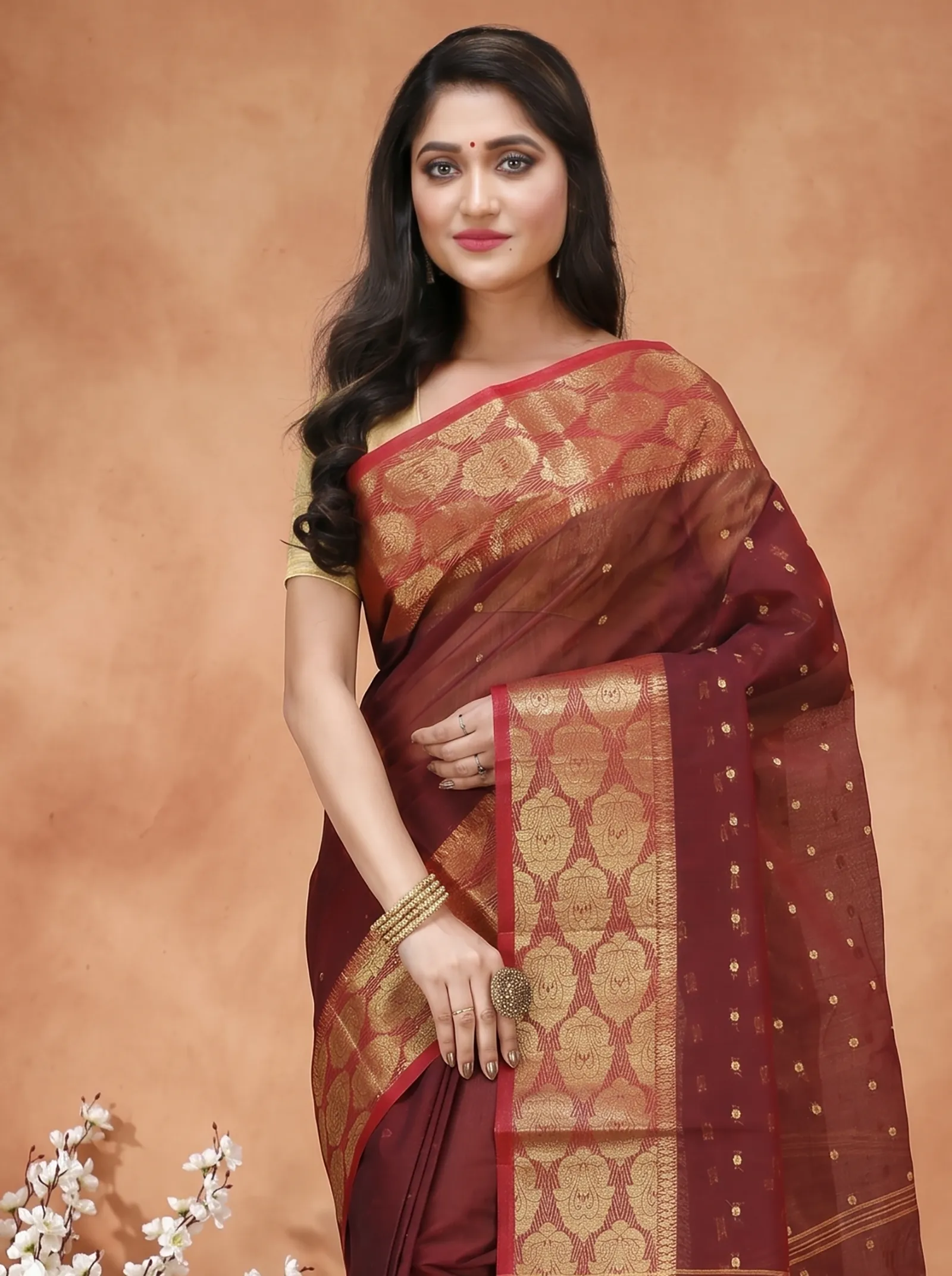 DipDiya Pure Cotton  Artisan Crafted Brown Traditional Bengali Asmani Tant Saree