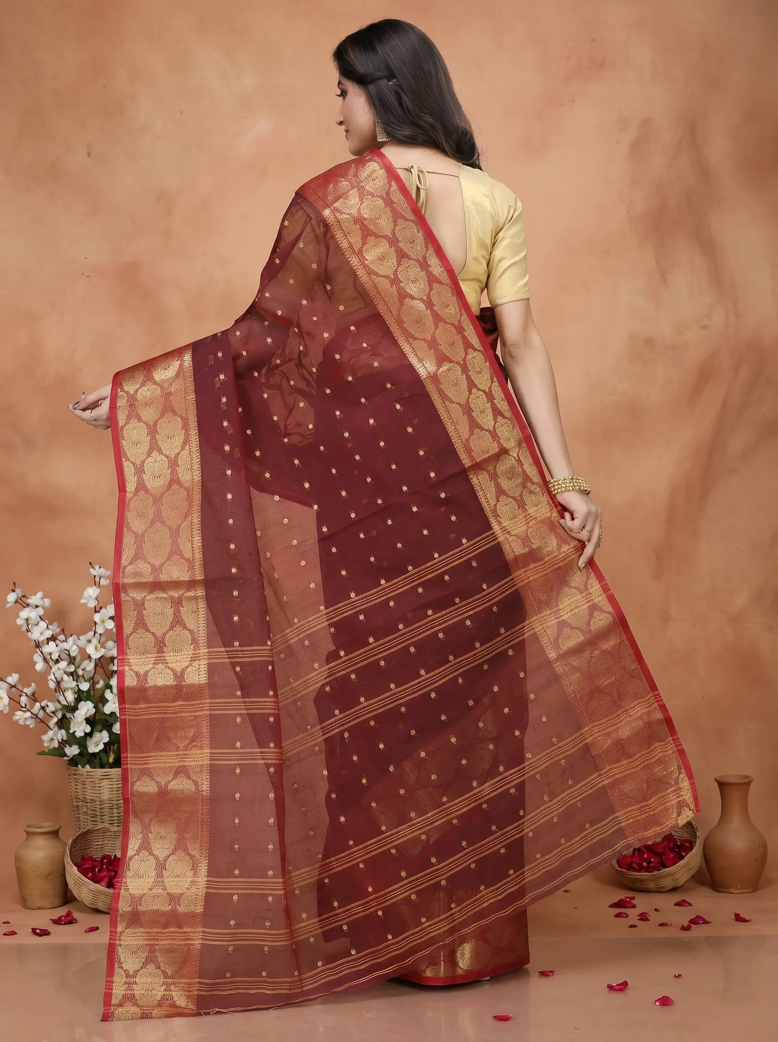 DipDiya Pure Cotton  Artisan Crafted Brown Traditional Bengali Asmani Tant Saree