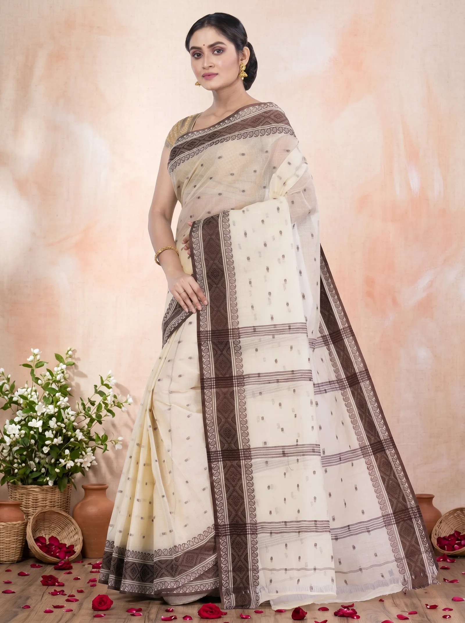 DipDiya Pure Cotton  Artisan Crafted Brown Traditional Bengali Boysko Tant Saree