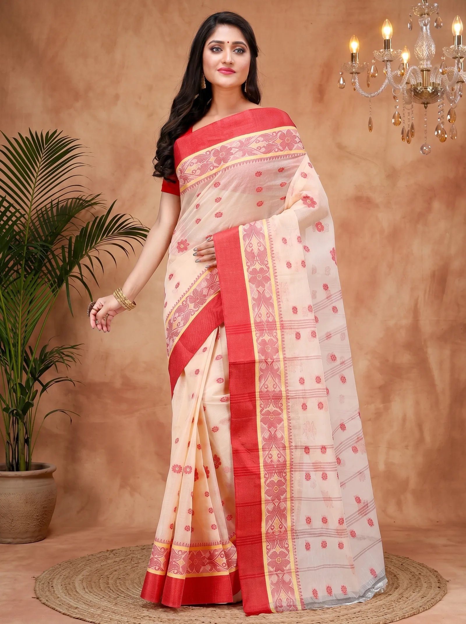 DipDiya Pure Cotton  Artisan Crafted Cream Red Traditional Bengali BolLata Tant Tant Saree