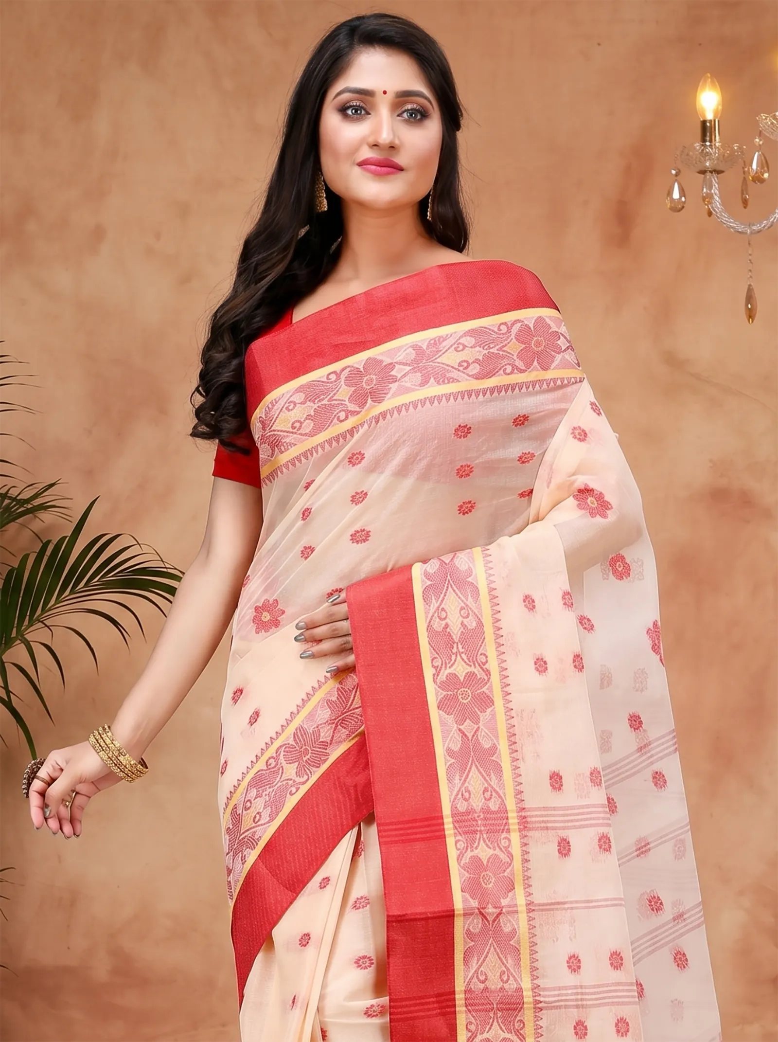 DipDiya Pure Cotton  Artisan Crafted Cream Red Traditional Bengali BolLata Tant Tant Saree