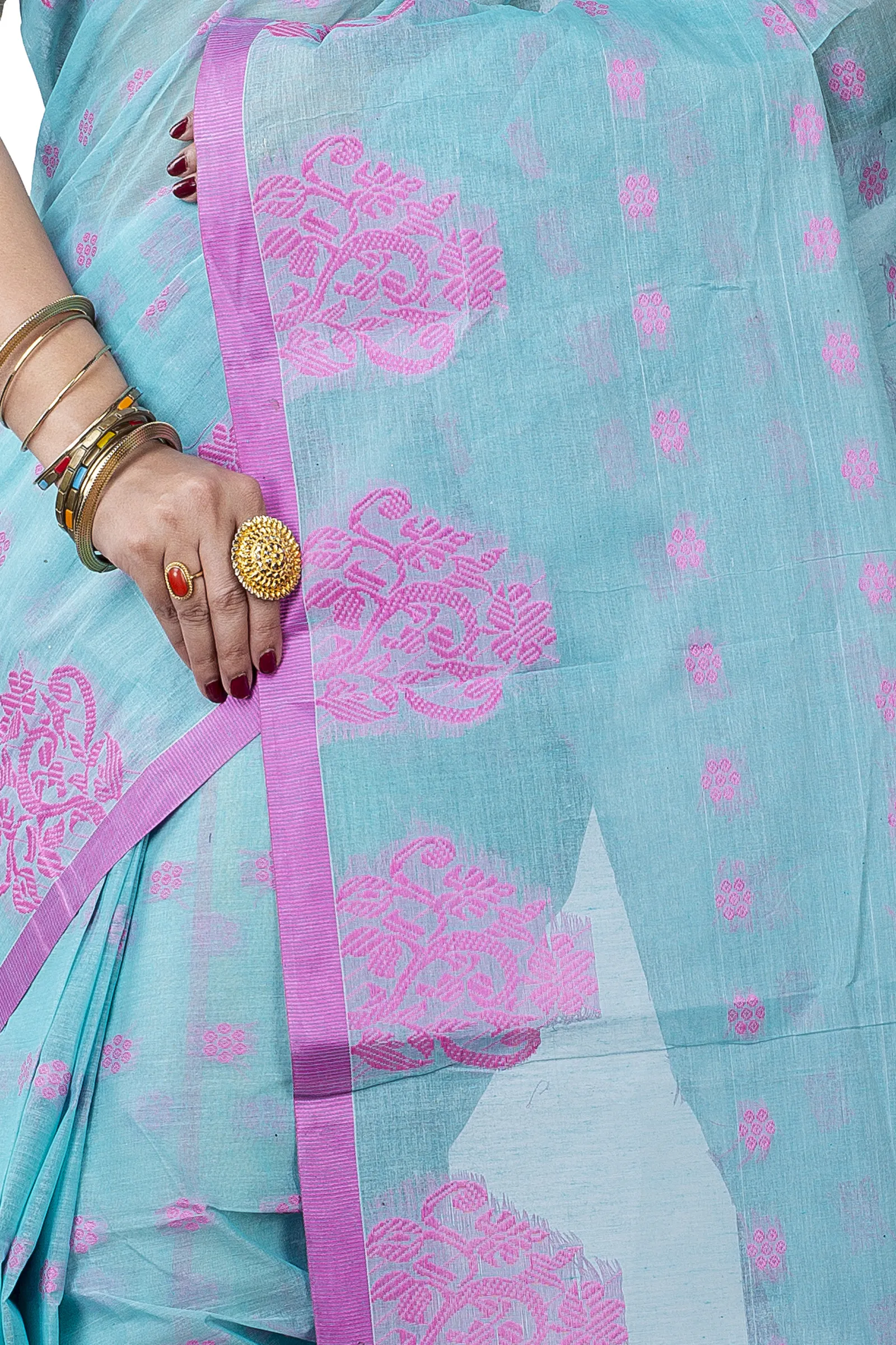 DipDiya Pure Cotton  Artisan Crafted Cyan Traditional Bengali Botgach Tant Saree