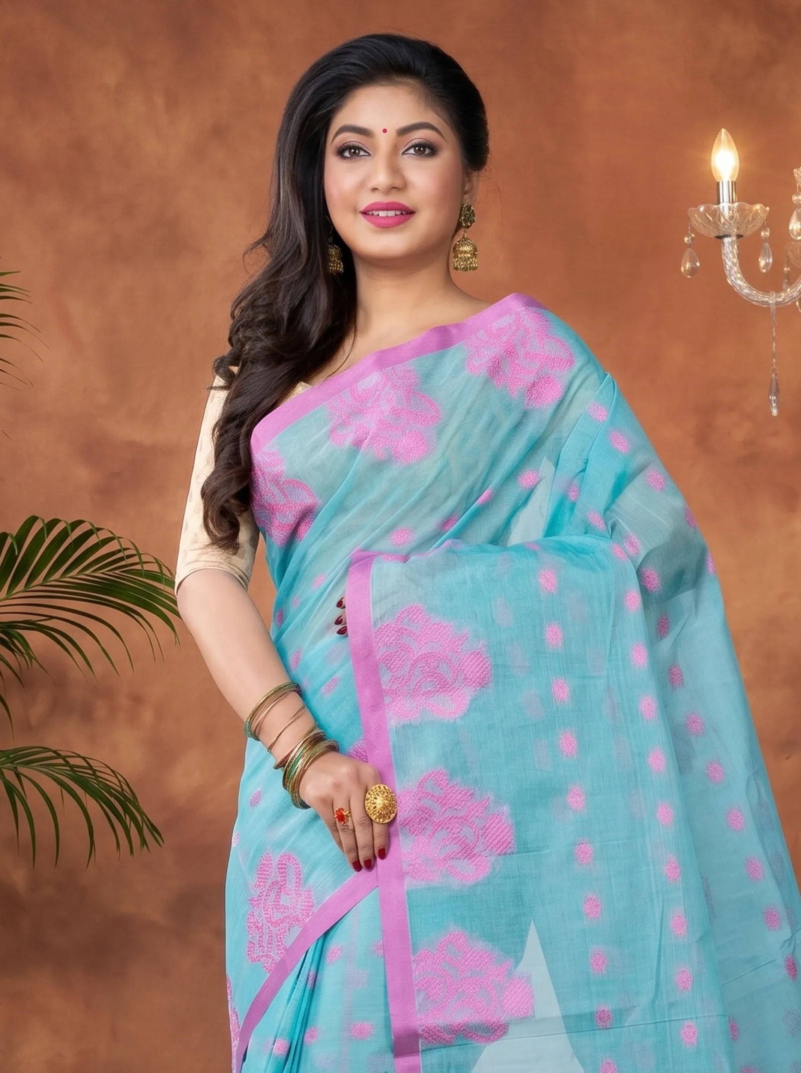 DipDiya Pure Cotton  Artisan Crafted Cyan Traditional Bengali Botgach Tant Saree