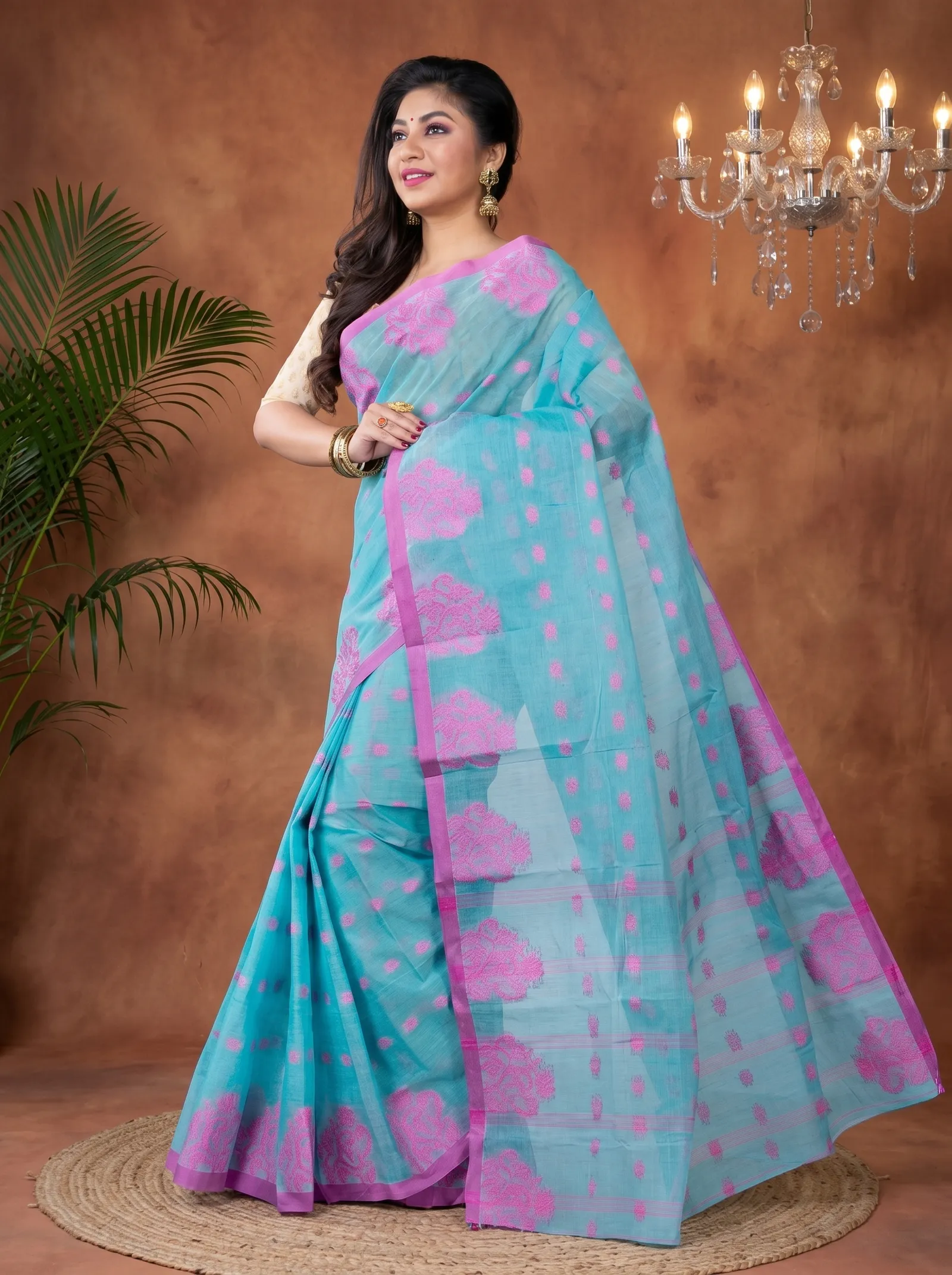 DipDiya Pure Cotton  Artisan Crafted Cyan Traditional Bengali Botgach Tant Saree