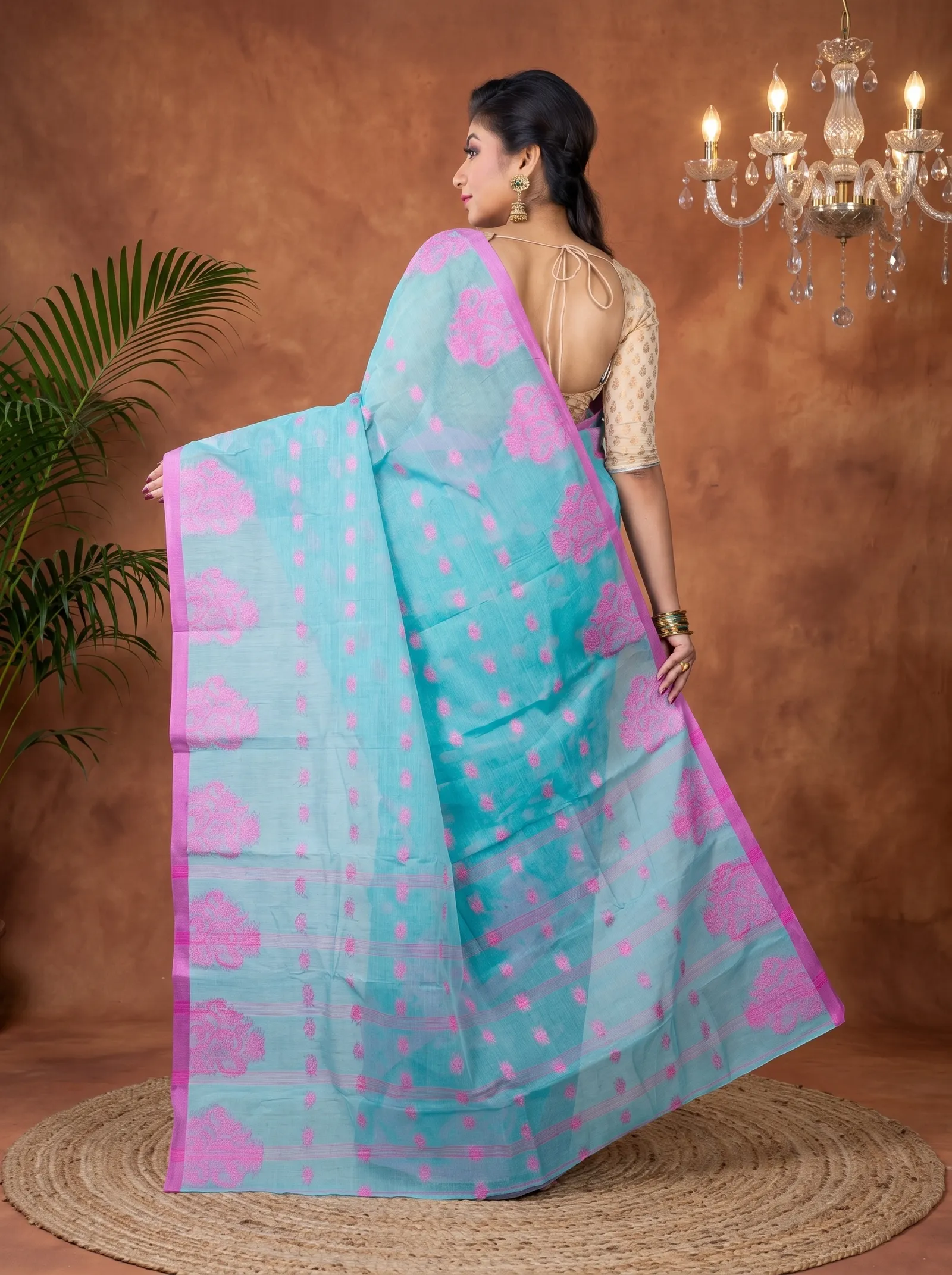 DipDiya Pure Cotton  Artisan Crafted Cyan Traditional Bengali Botgach Tant Saree