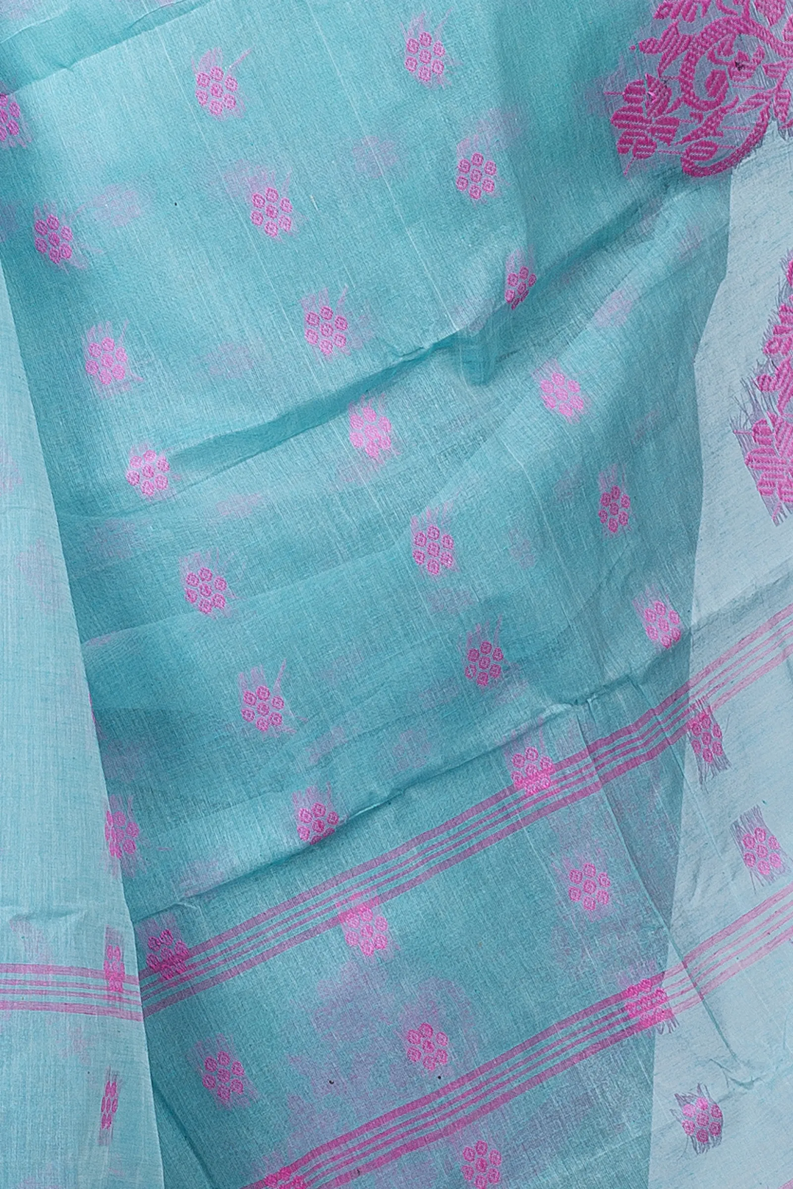 DipDiya Pure Cotton  Artisan Crafted Cyan Traditional Bengali Botgach Tant Saree