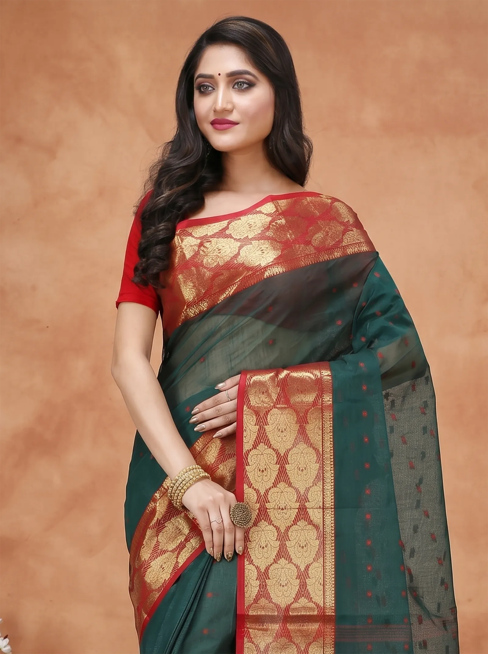 DipDiya Pure Cotton  Artisan Crafted Dark Green Traditional Bengali Asmani Tant Saree