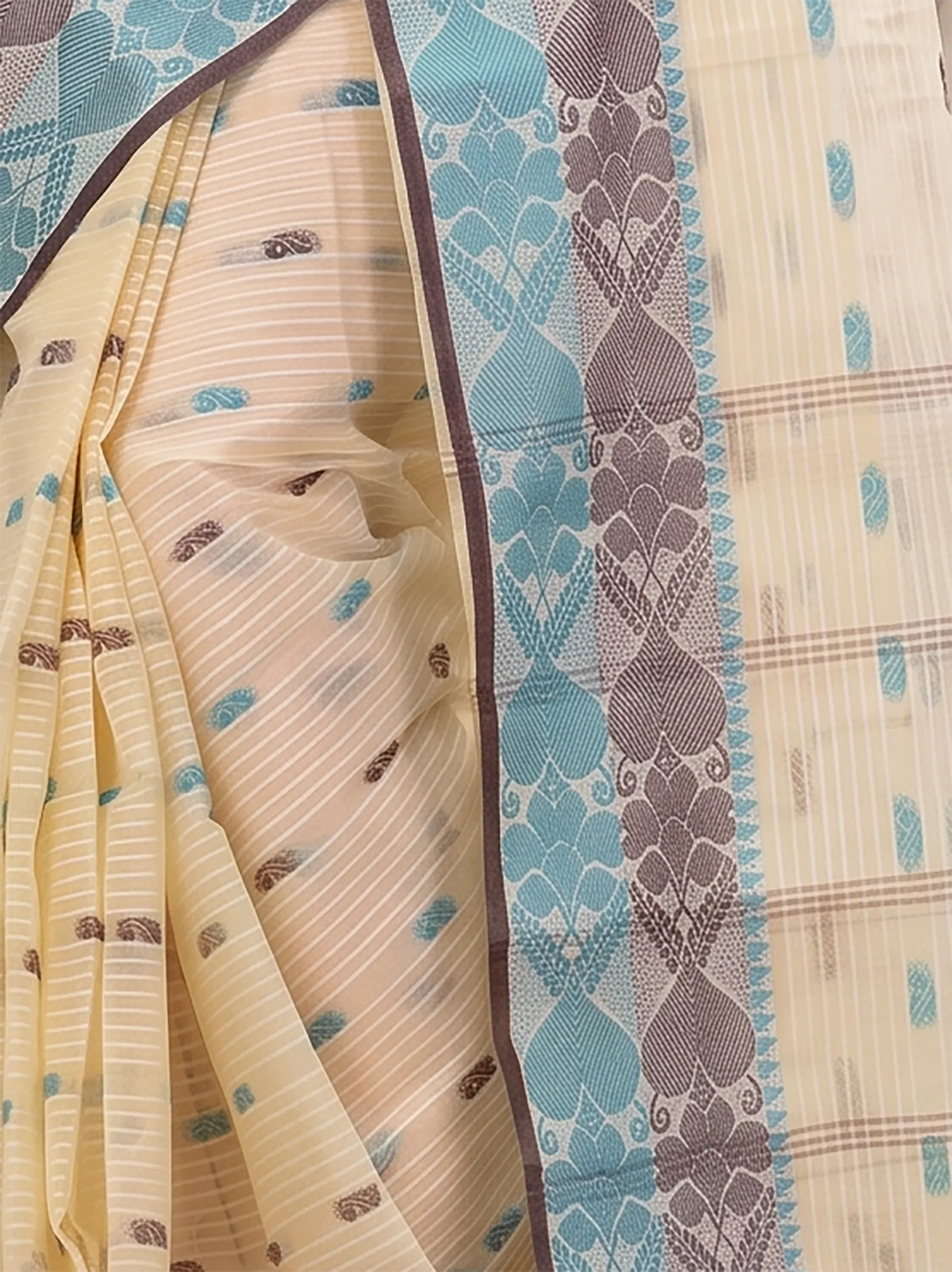 DipDiya Pure Cotton  Artisan Crafted Green Brown Traditional Bengali Aged Women Tant Saree