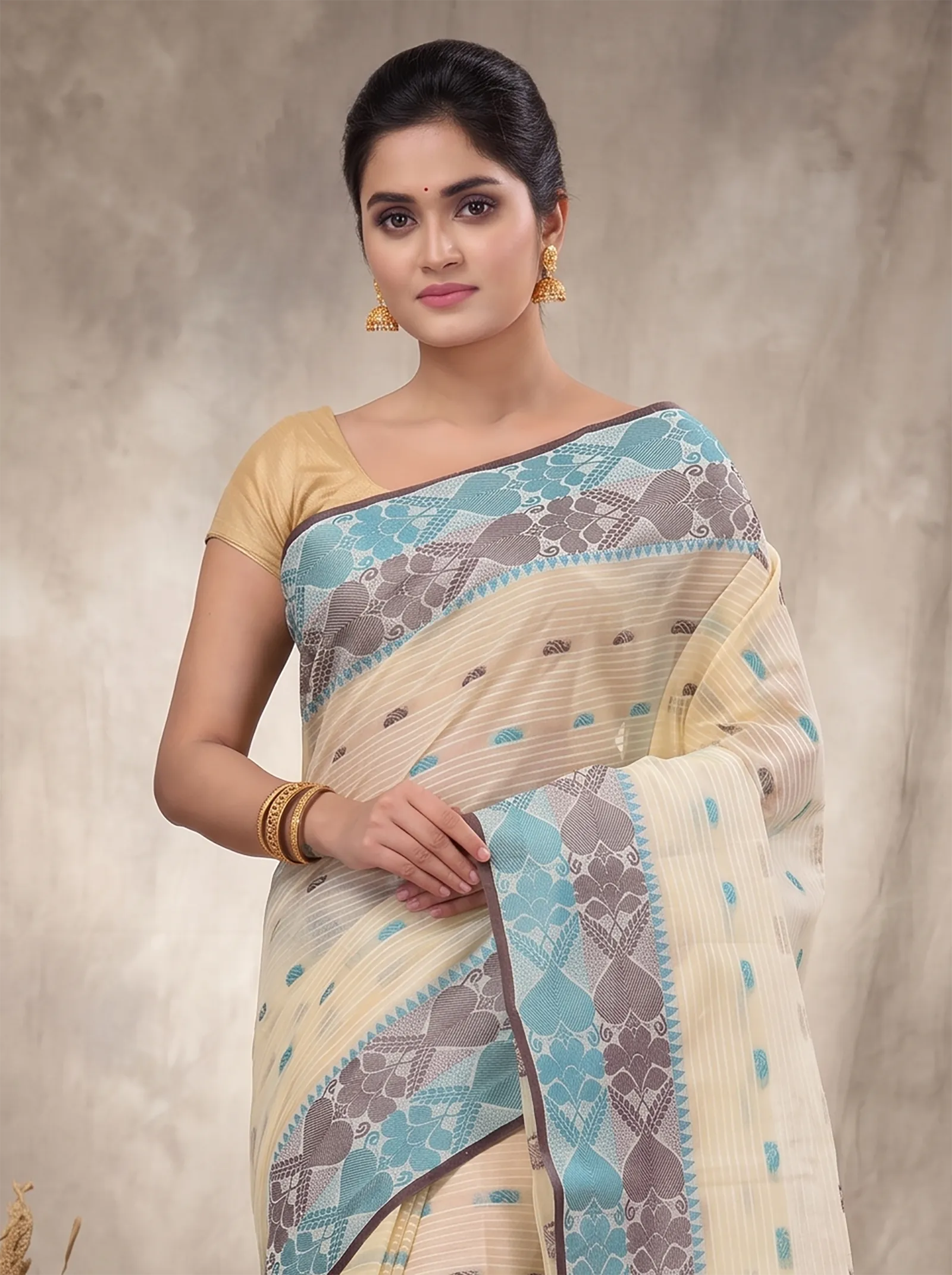 DipDiya Pure Cotton  Artisan Crafted Green Brown Traditional Bengali Aged Women Tant Saree