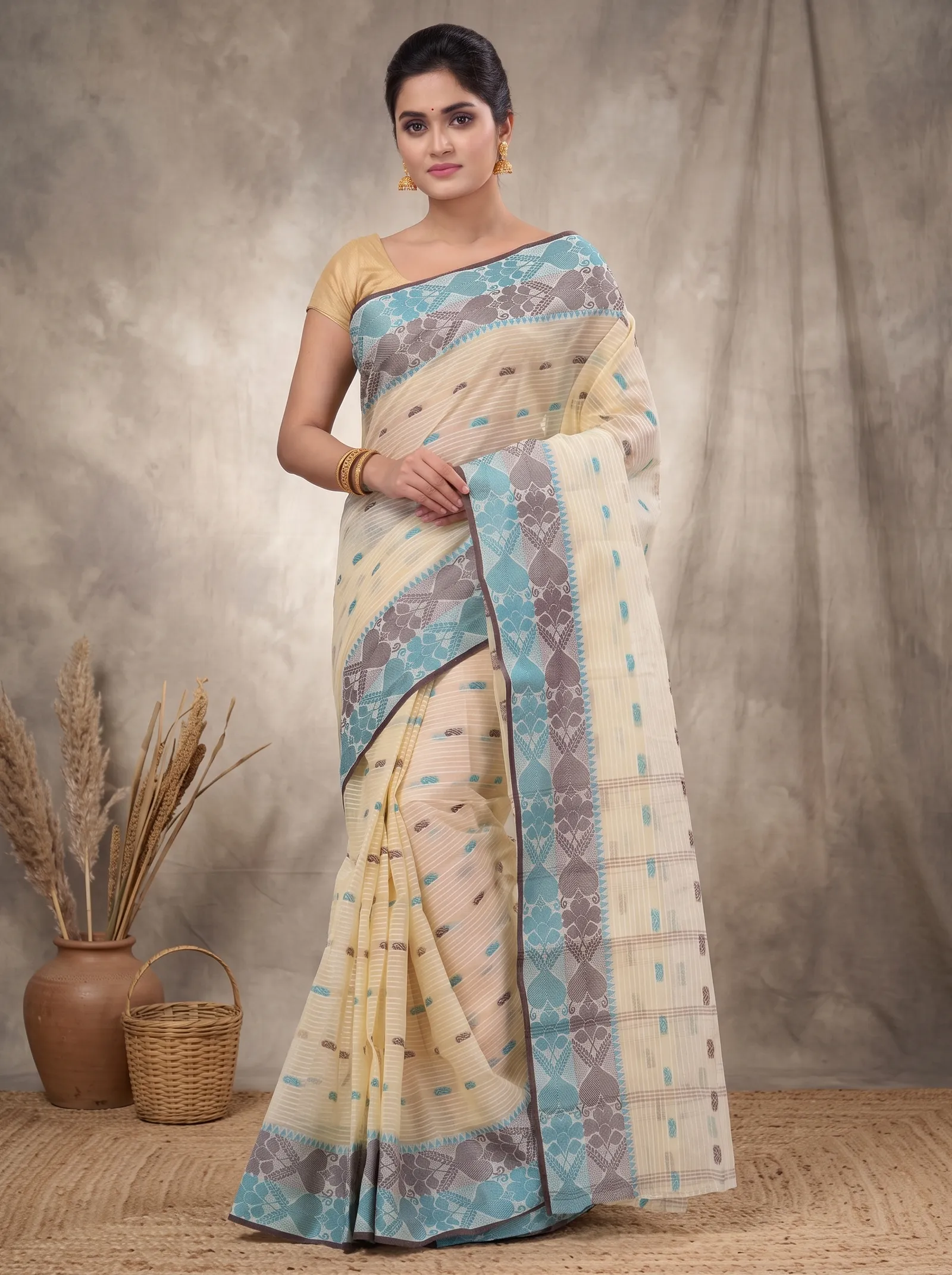 DipDiya Pure Cotton  Artisan Crafted Green Brown Traditional Bengali Aged Women Tant Saree
