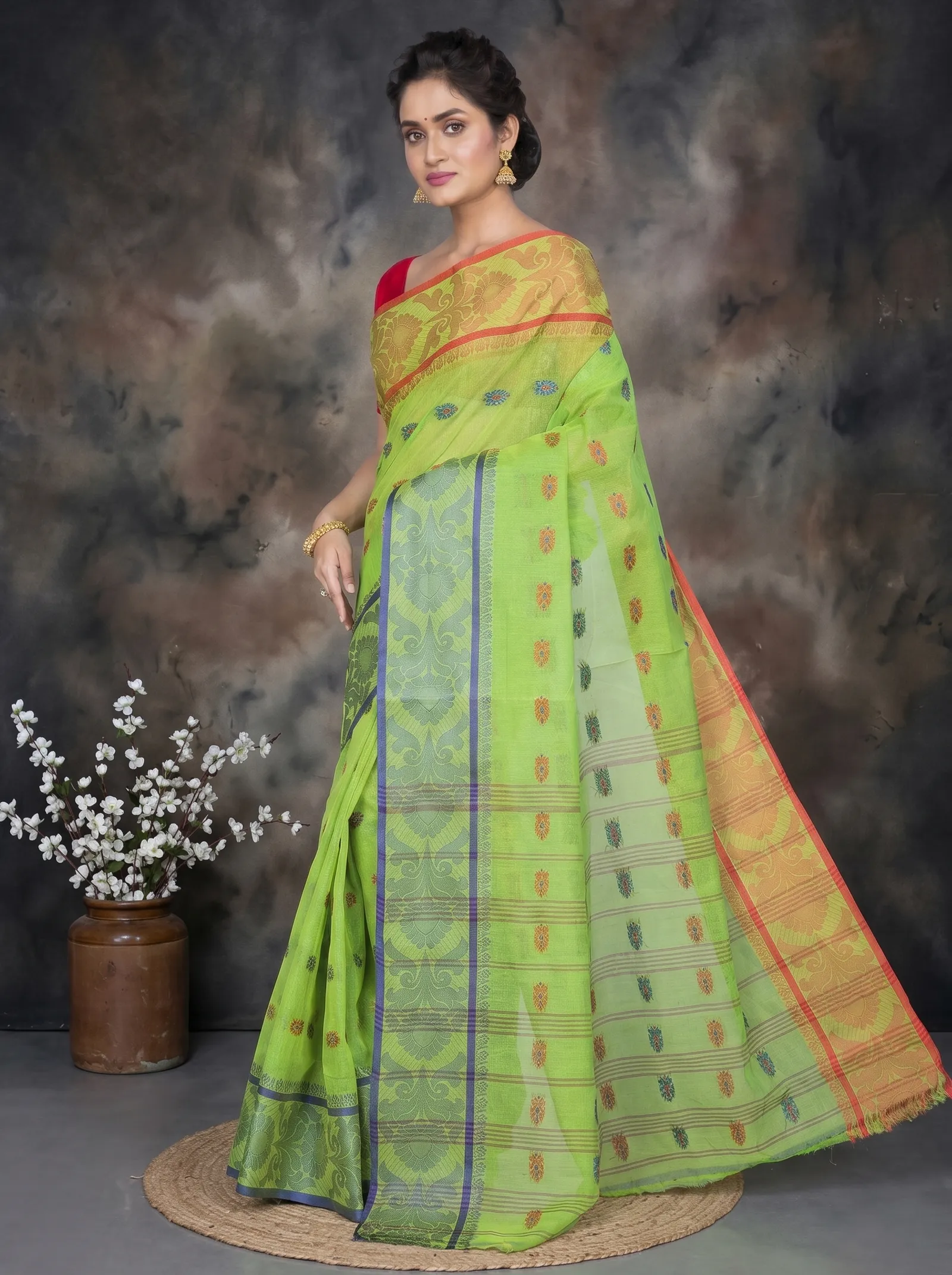 DipDiya Pure Cotton  Artisan Crafted Green Traditional Bengali Akriti Tant Saree