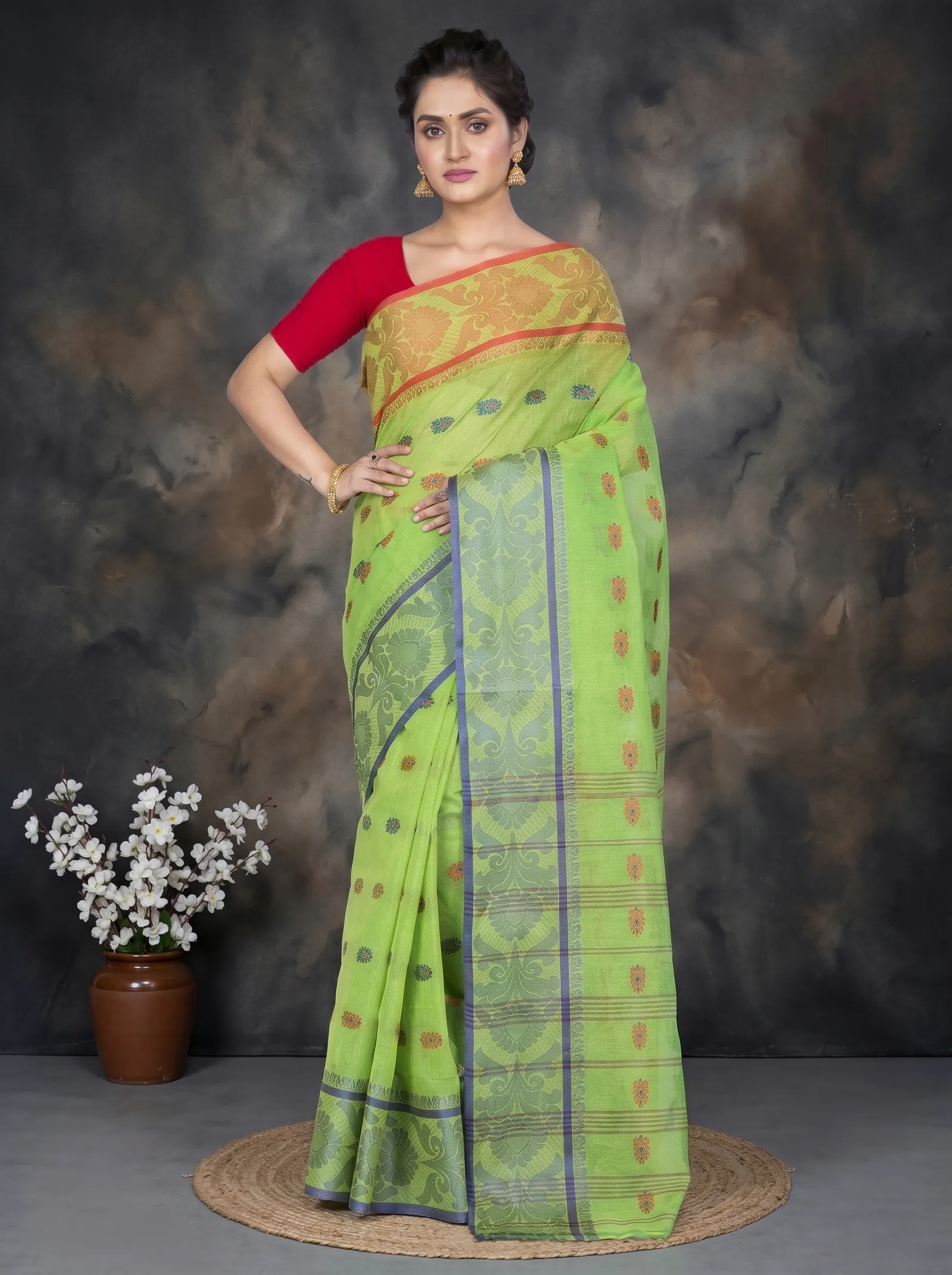 DipDiya Pure Cotton  Artisan Crafted Green Traditional Bengali Akriti Tant Saree